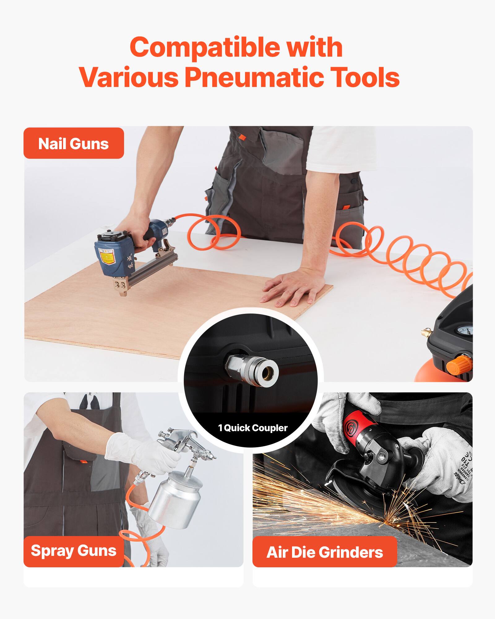 Compatible with Various Pneumatic Tools

- Nail Guns
- Spray Guns
- Air Die Grinders

1 Quick Coupler
