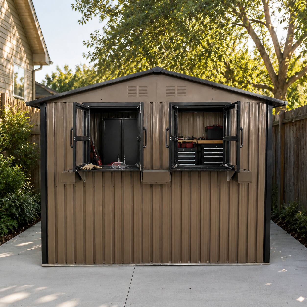 Left. Loheer - Loheer 6x9 Metal Storage Shed Outdoor Tool Shed with Window Lockable Double Doors Waterproof Garden Shed Brown Black.