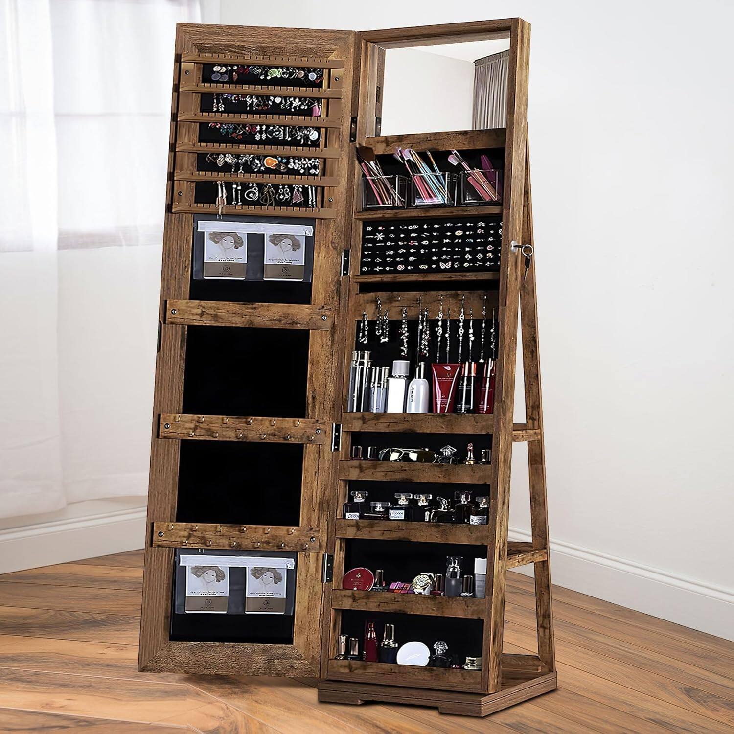 Alt View 4. JUJABU - Rustic Brown 360° Swivel Jewelry Cabinet Organizers with Full Length Mirror Best Gift for Girls - Rustic Brown.