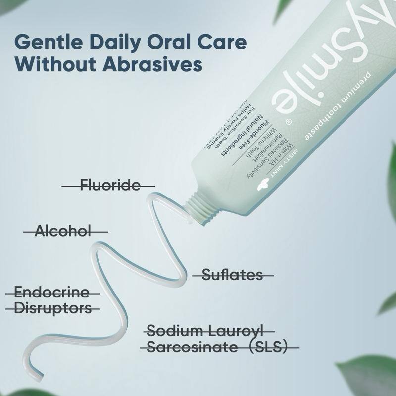 Gentle Daily Oral Care Without Abrasives

- Fluoride
- Alcohol
- Endocrine Disruptors
- Sulfates
- Sodium Lauroyl Sarcosinate (SLS)