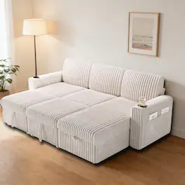 Dyonery - 101" Sectional Convertible Sleeper Sofa with Pull Out Couch Bed,with Storage Chaise & USB Charging,Side pockets - Beige