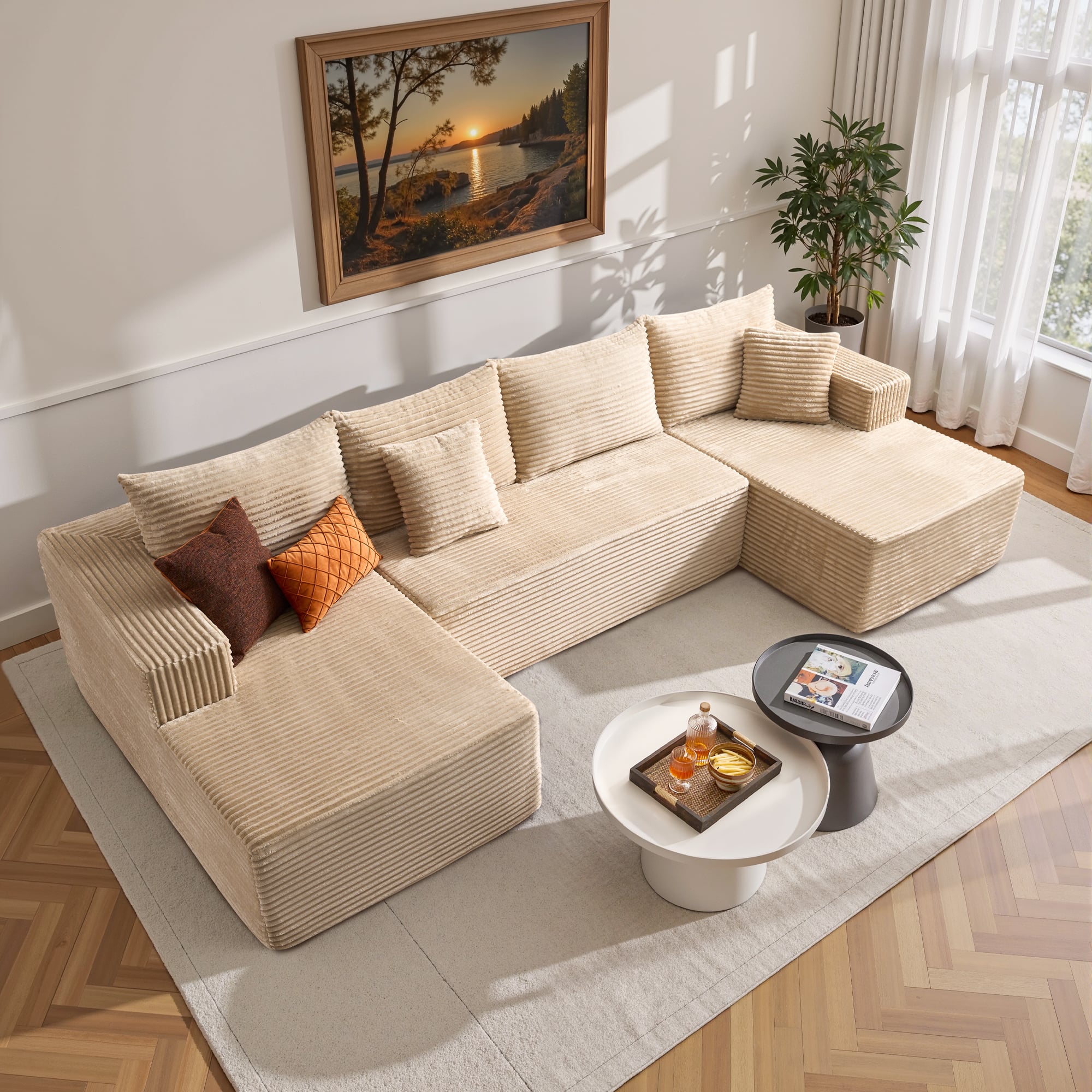 Ovios - 135" Sectional Sofa Set, Plush Corduroy Fabric Couch for Living Room - Beige