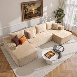 Ovios - 135" Sectional Sofa Set, Plush Corduroy Fabric Couch for Living Room - Beige