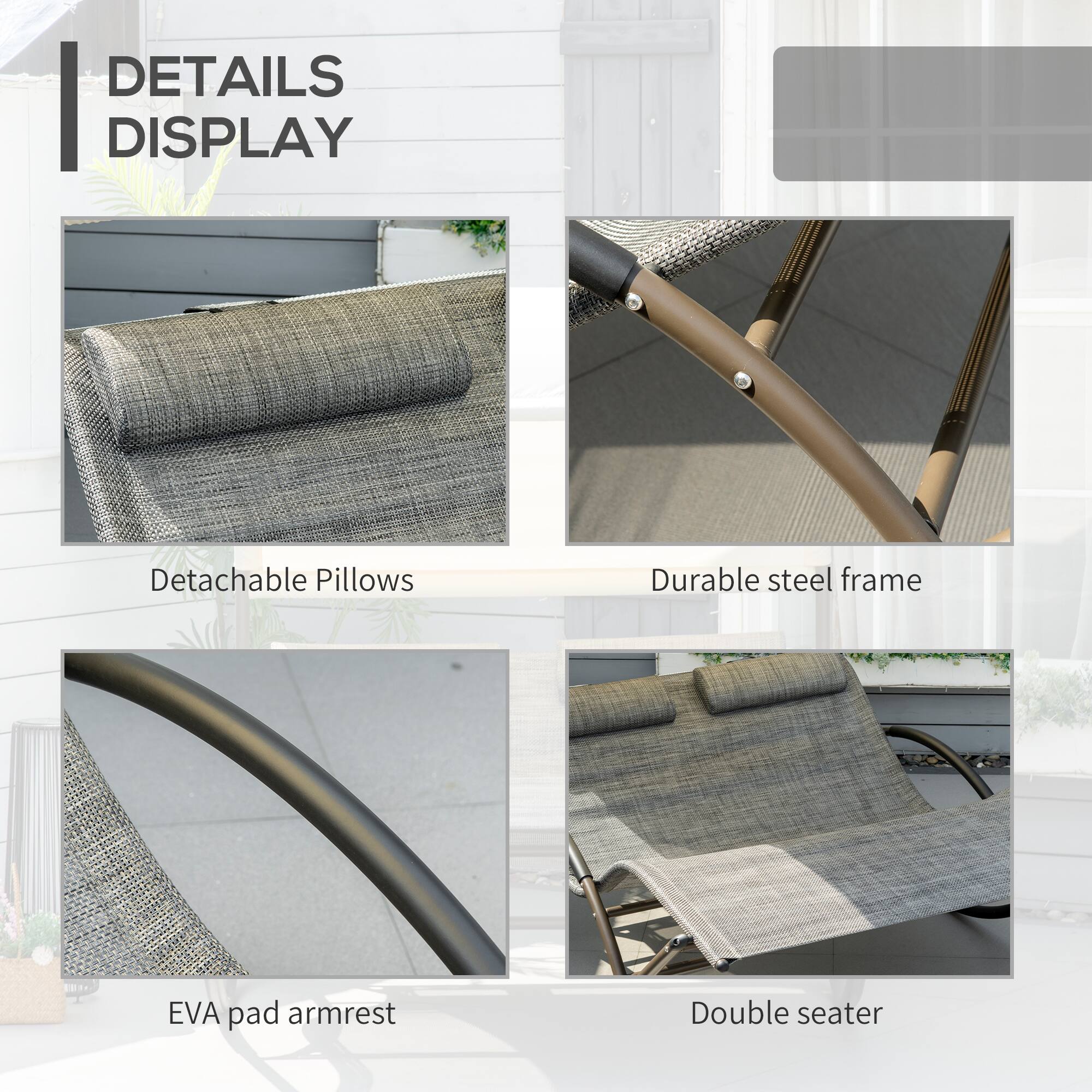 DETAILS DISPLAY

- Detachable Pillows
- Durable steel frame
- EVA pad armrest
- Double seater