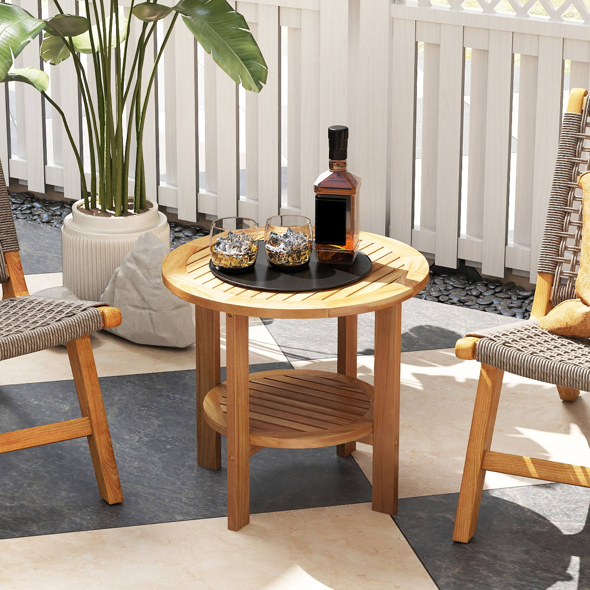 Alt View 1. Gymax - Gymax Teak Wood 2-Tier Side Table 19.5'' Round Coffee Table End Table w/ Slatted Top - Natural.