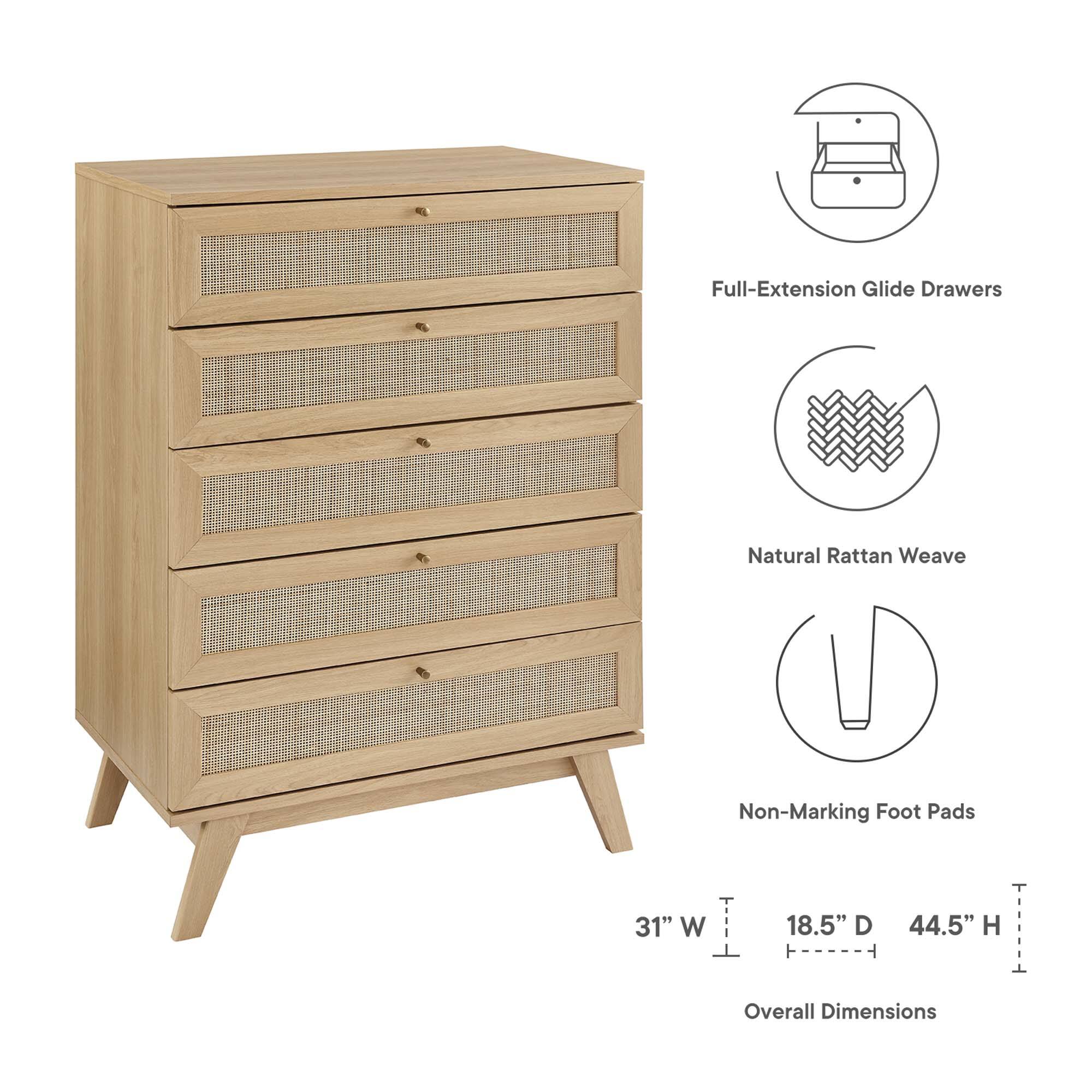 Full-Extension Glide Drawers  
Natural Rattan Weave  
Non-Marking Foot Pads  

31" W x 18.5" D x 44.5" H  
Overall Dimensions