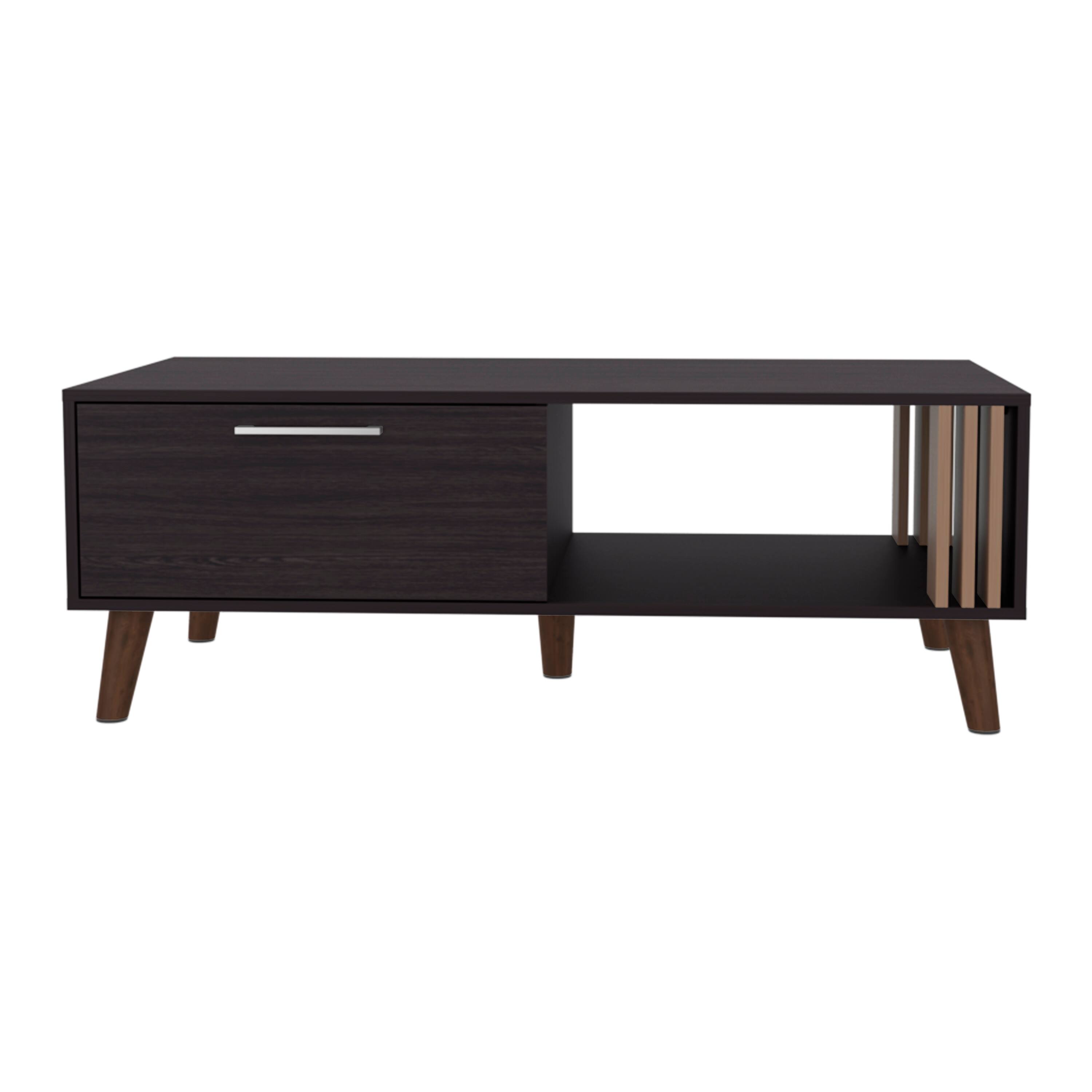 Front. TuHome - Vance 47" Wide Coffee Table With One Open Shelf And One Pull Down Cabinet Door, Living Room, Storage - Black.
