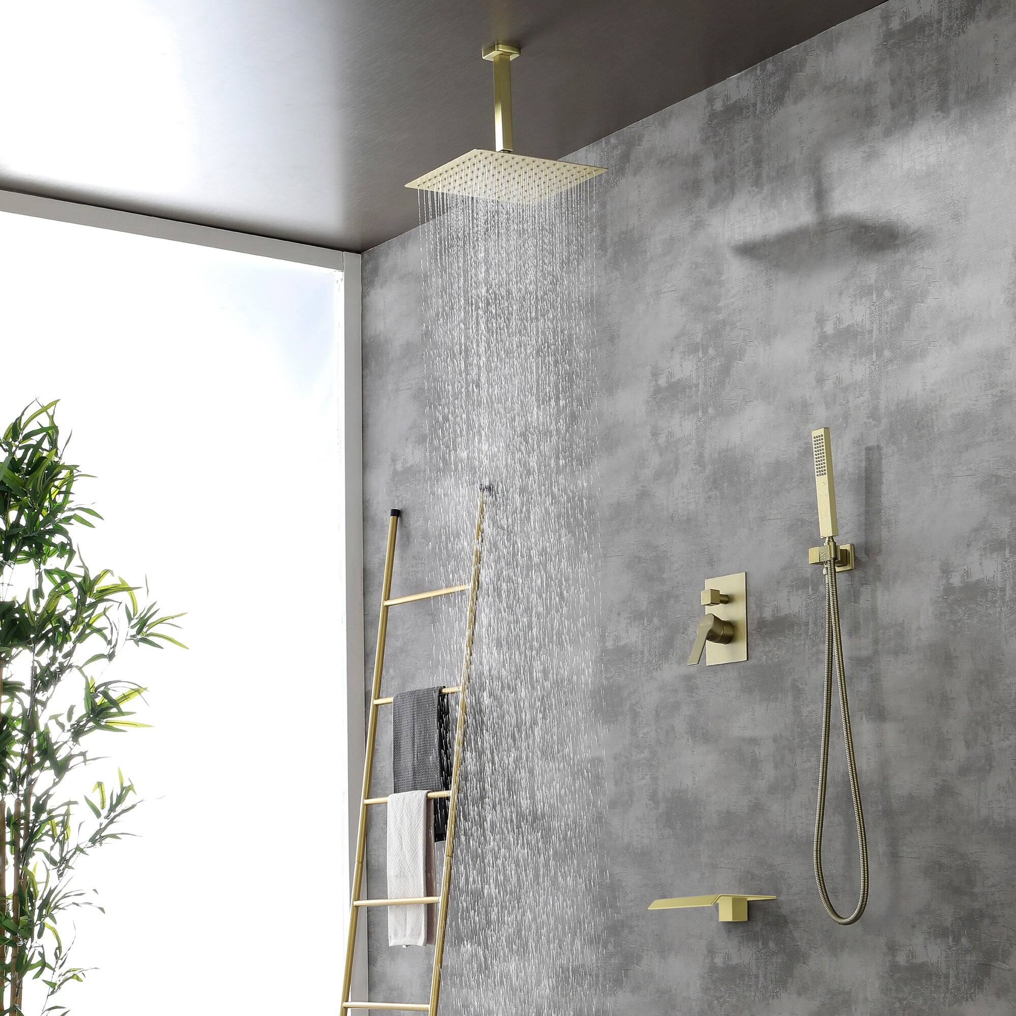 Back. Boyel Living - Ceiling Mount Single-Handle 1-Spray Tub and Shower Faucet in Brushed Gold - 12 Inch (Valve Included) - Brushed Gold.