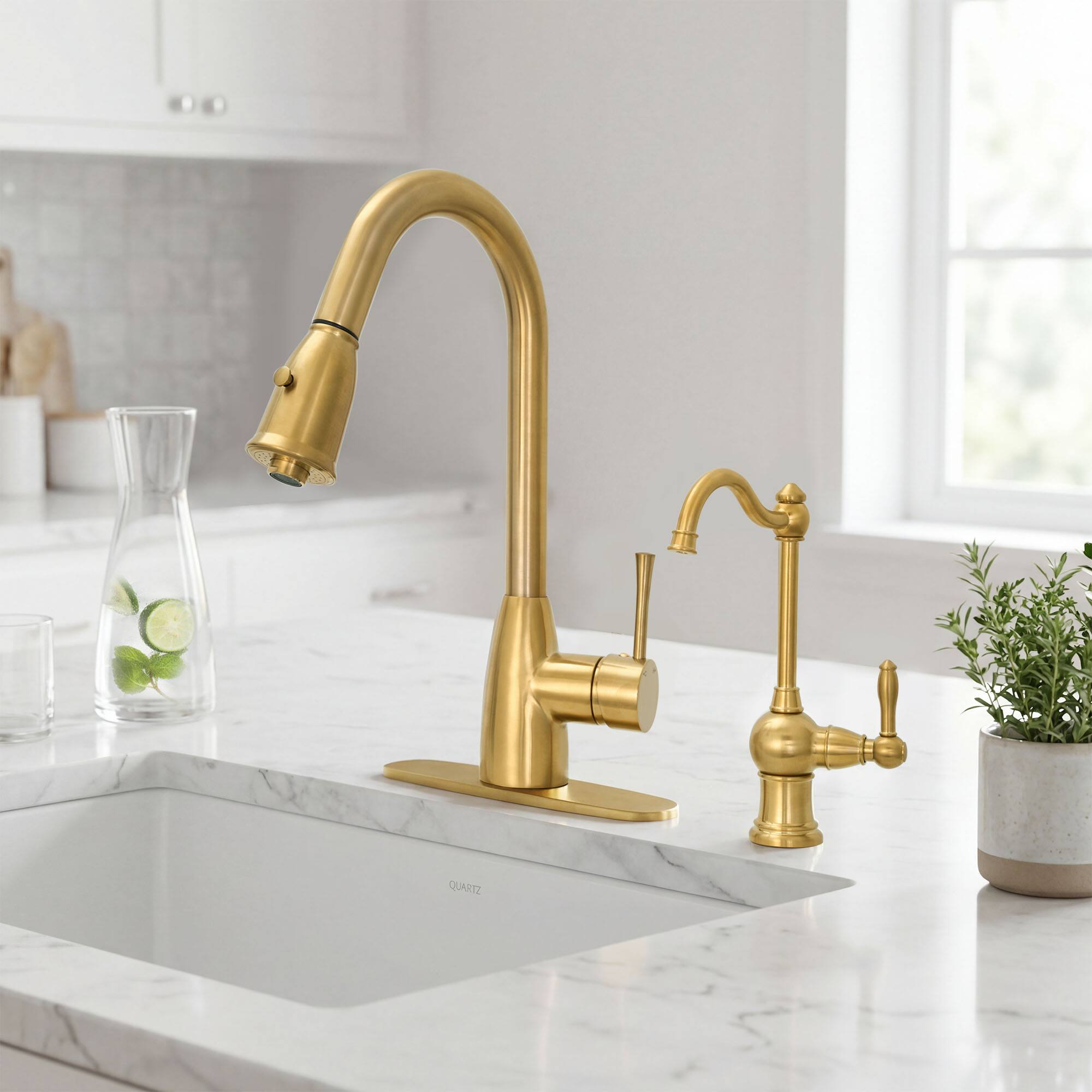 Alt View 7. Akicon - Akicon Solid Brass One-Handle 360° Swivel Lead-Free Kitchen Water Filter Faucet in Brushed Gold - Brushed Gold.