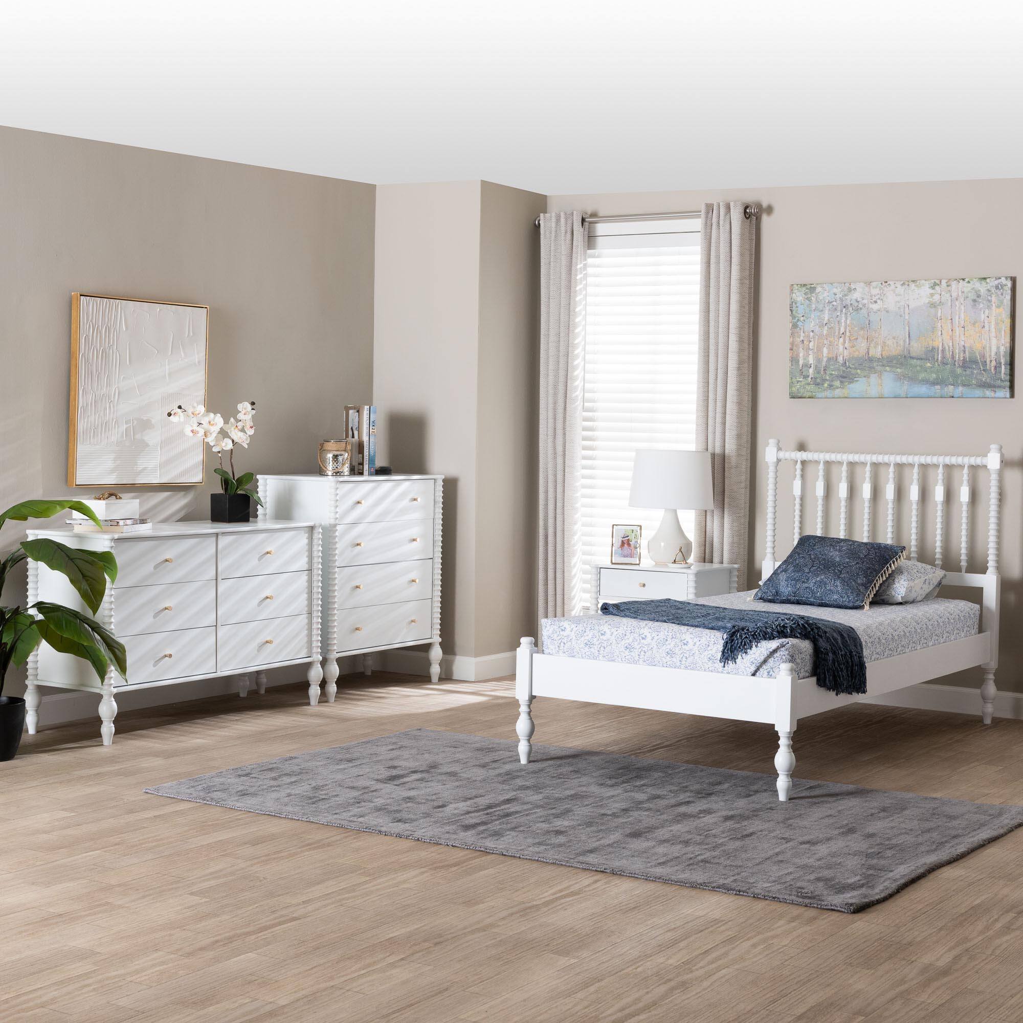 Alt View 8. Baxton Studio - Denita Spindle 4-Piece Bedroom Set - Farmhouse Platform Bed with Matching Dresser, Chest, and 1-Drawer Nightstand, Twin - White.