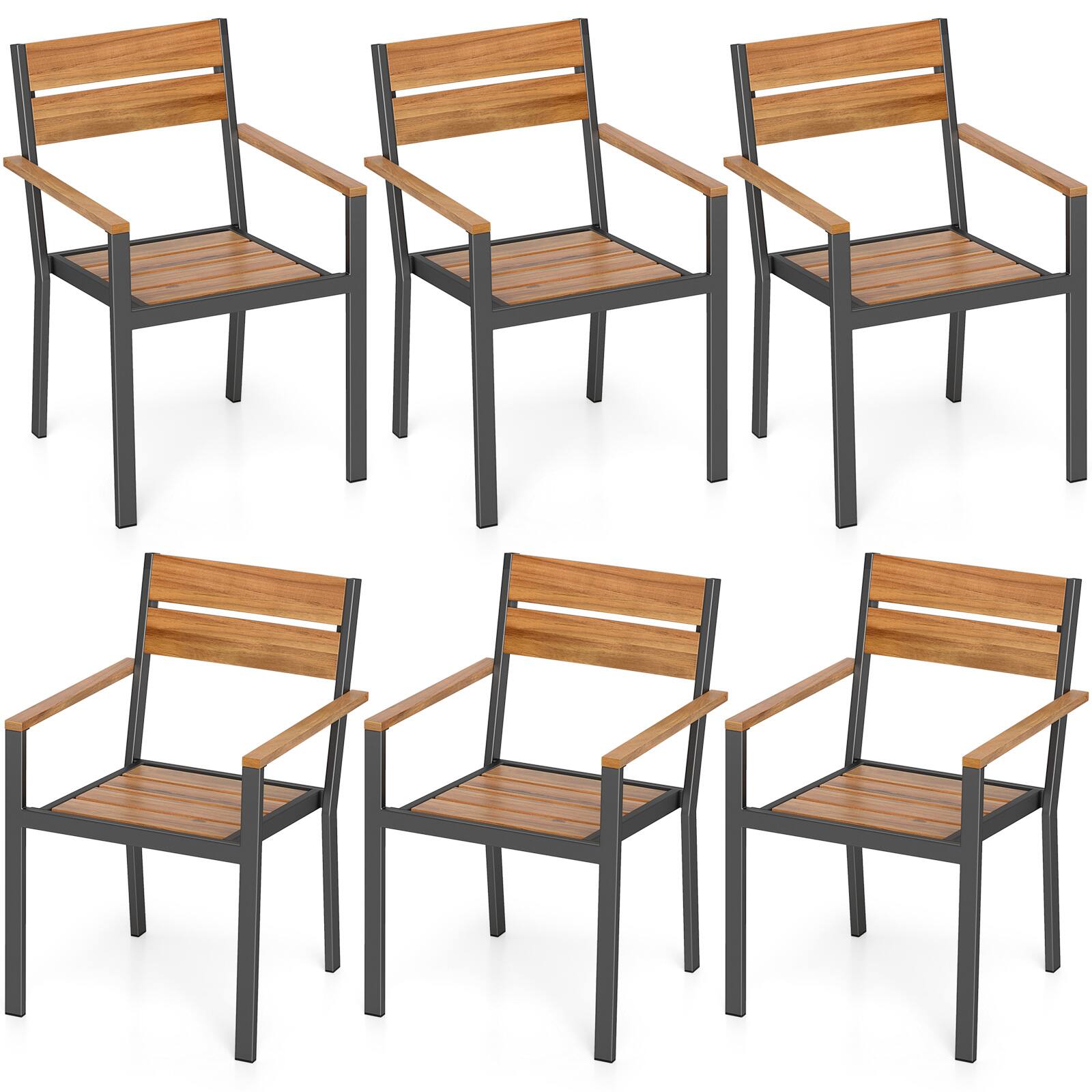 Alt View 6. Gymax - Gymax Patio Dining Chair set of 6 w/ Heavy-duty Metal Frame 6 Acacia Armrest Stackable Chairs - Brown, Black.