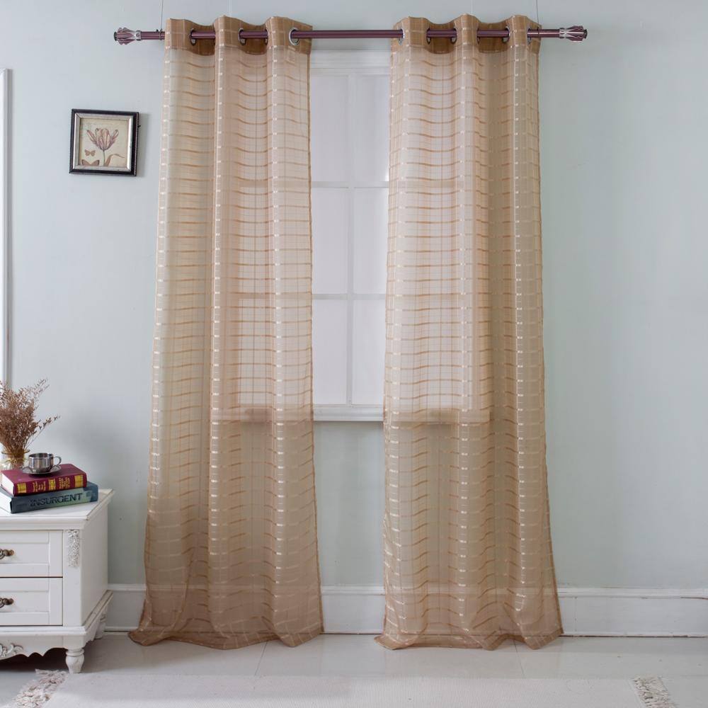 Left. Olivia Gray - Olivia Gray Taupe Wanda Box Voile Grommet Curtain Panel - 54x90 Inches, Machine Washable with 8 Silver Grommets - Taupe.