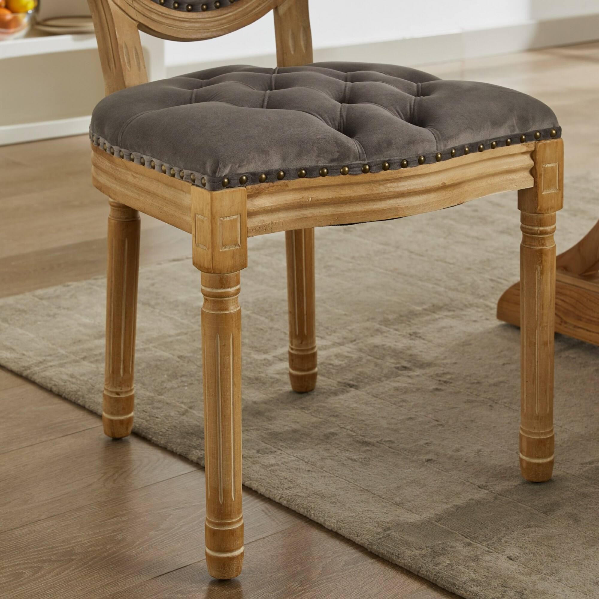 Alt View 9. GOODSILO - French Style Solid Wood Frame Antique Dining Chairs with Hand-Pulled Buckle Decoration and Nailhead Trim, Set of 2 - Gray.