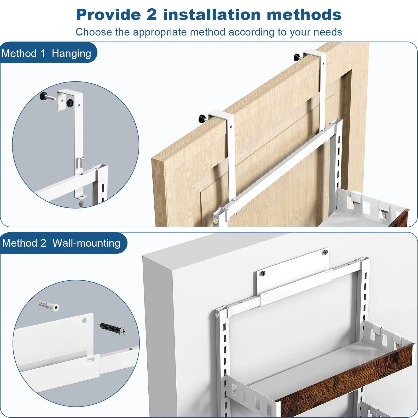 Provide 2 installation methods  
Choose the appropriate method according to your needs  

Method 1 Hanging  

Method 2 Wall-mounting
