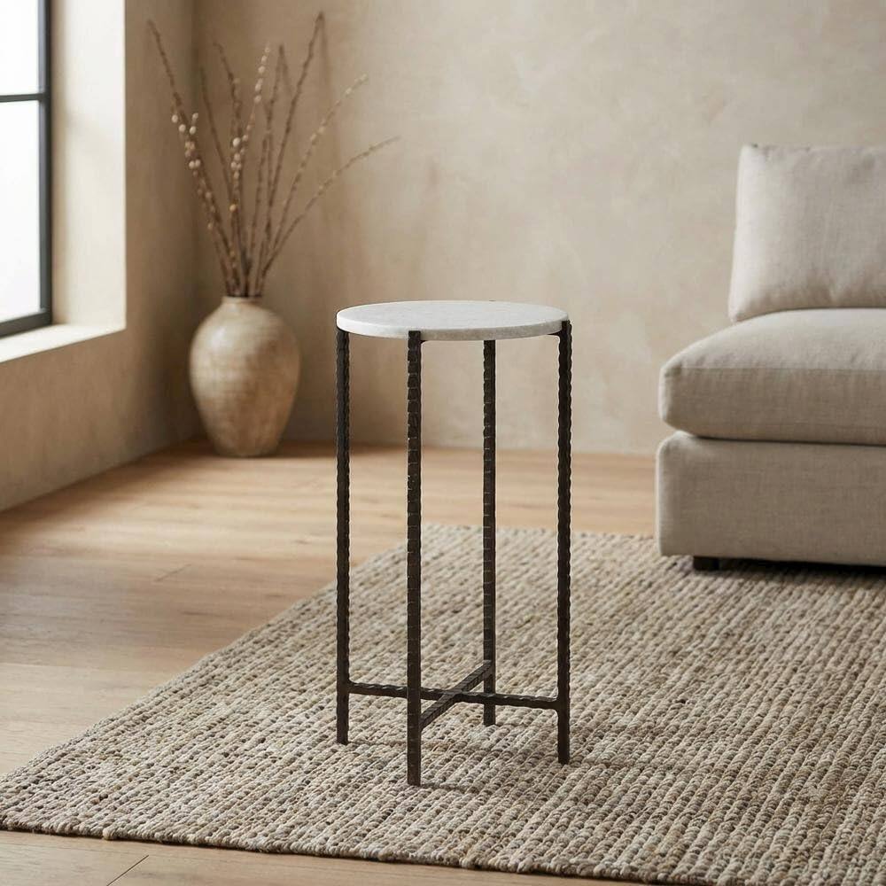 Left. Starlight Canyon Home - Round Side Table with Metal Base, Transitional End Table for Living Room - Multi-Color.