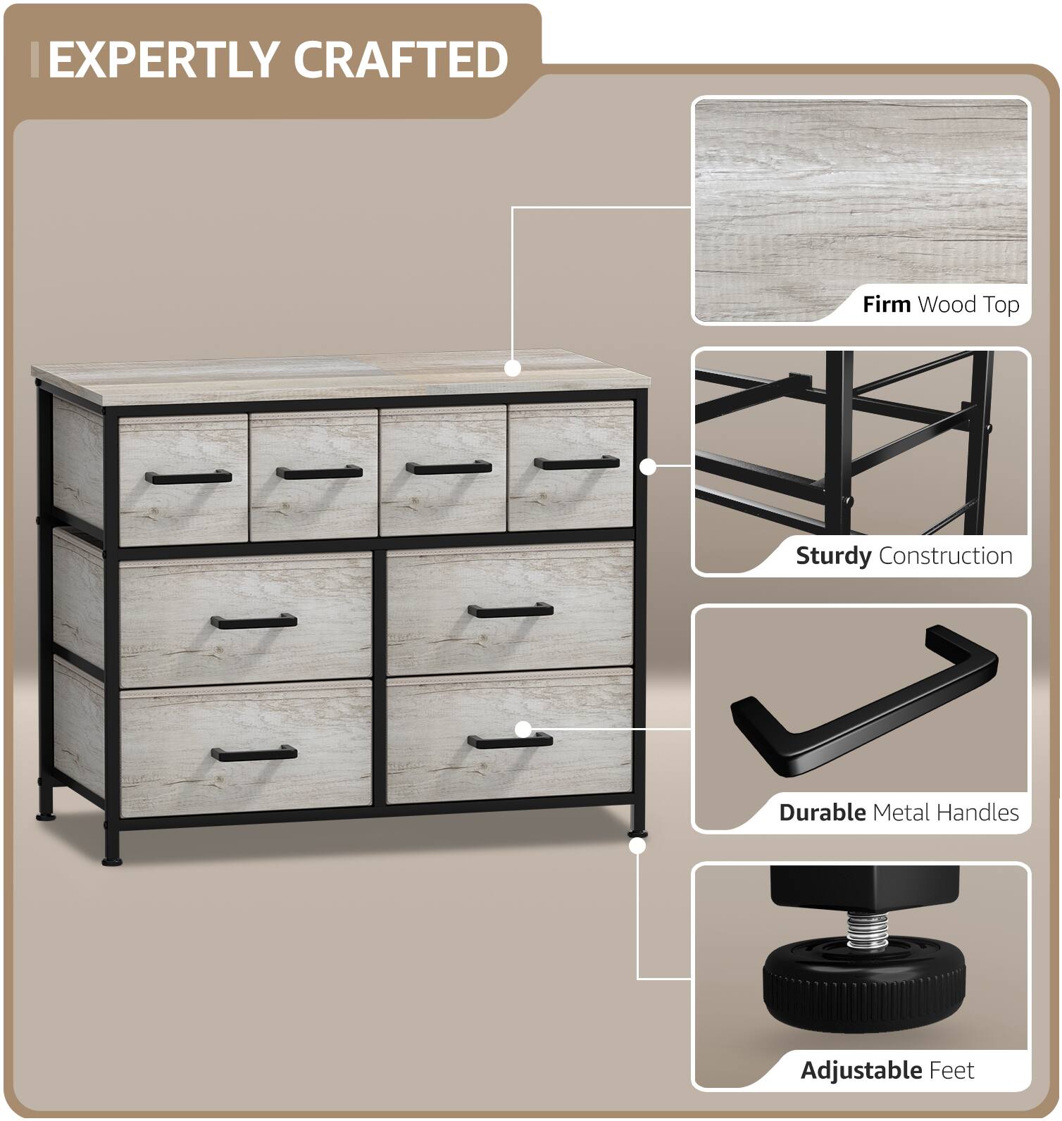 EXPERTLY CRAFTED

- Firm Wood Top
- Sturdy Construction
- Durable Metal Handles
- Adjustable Feet