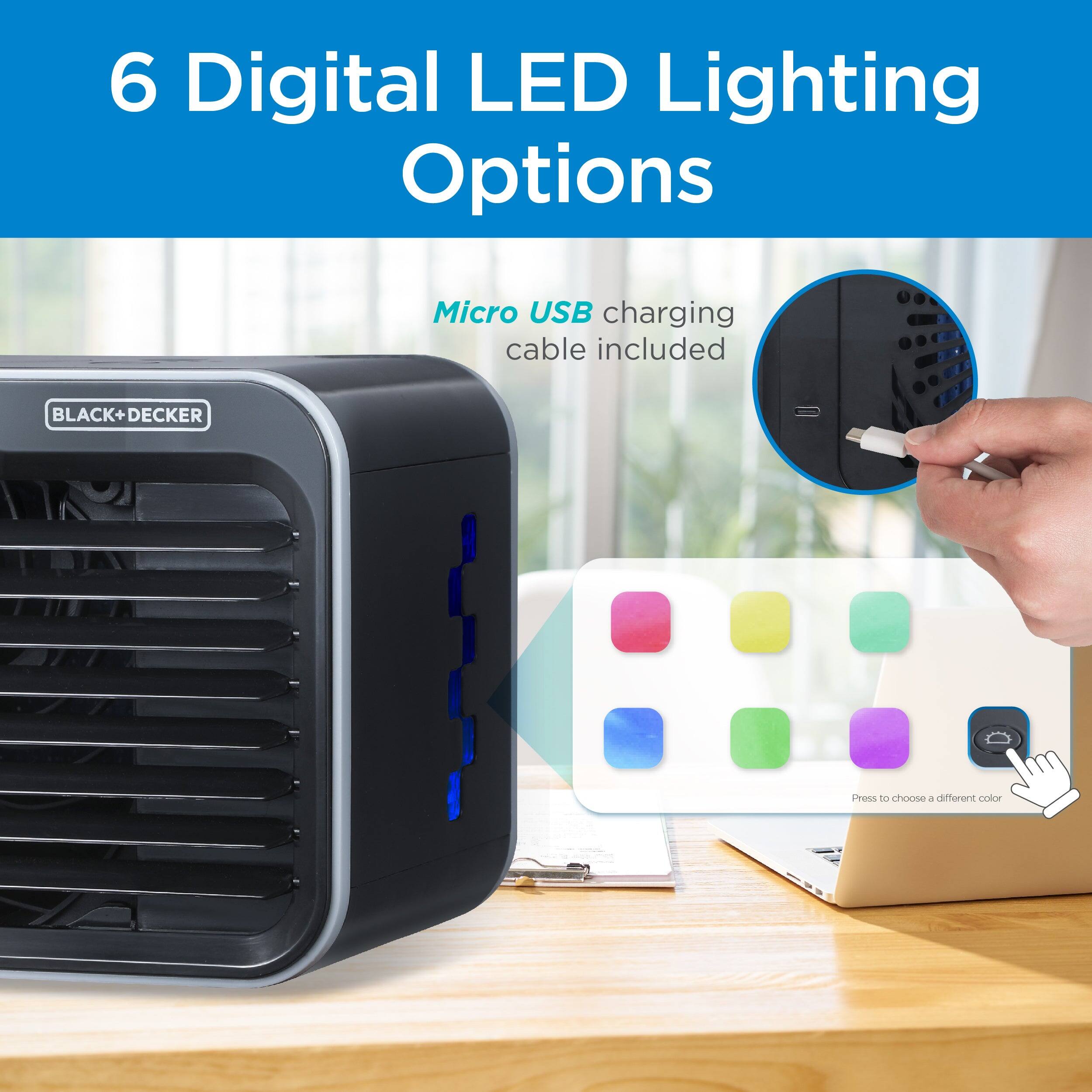 6 Digital LED Lighting Options

Micro USB charging cable included

Press to choose a different color