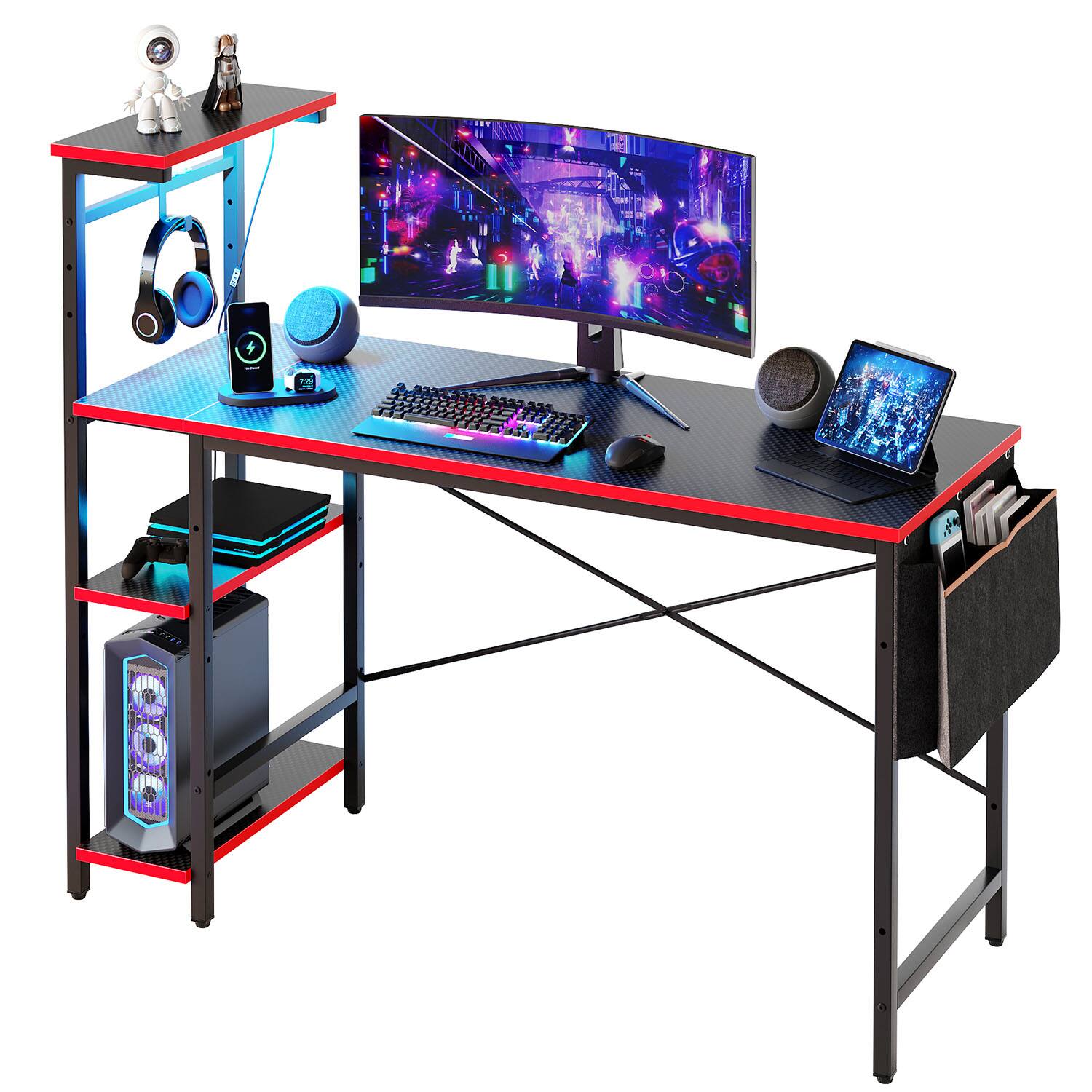 Front. Bestier - 55-inch Gaming Desk with 4-Tier Storage Shelves, RGB Lights & Hook - Black & Red.