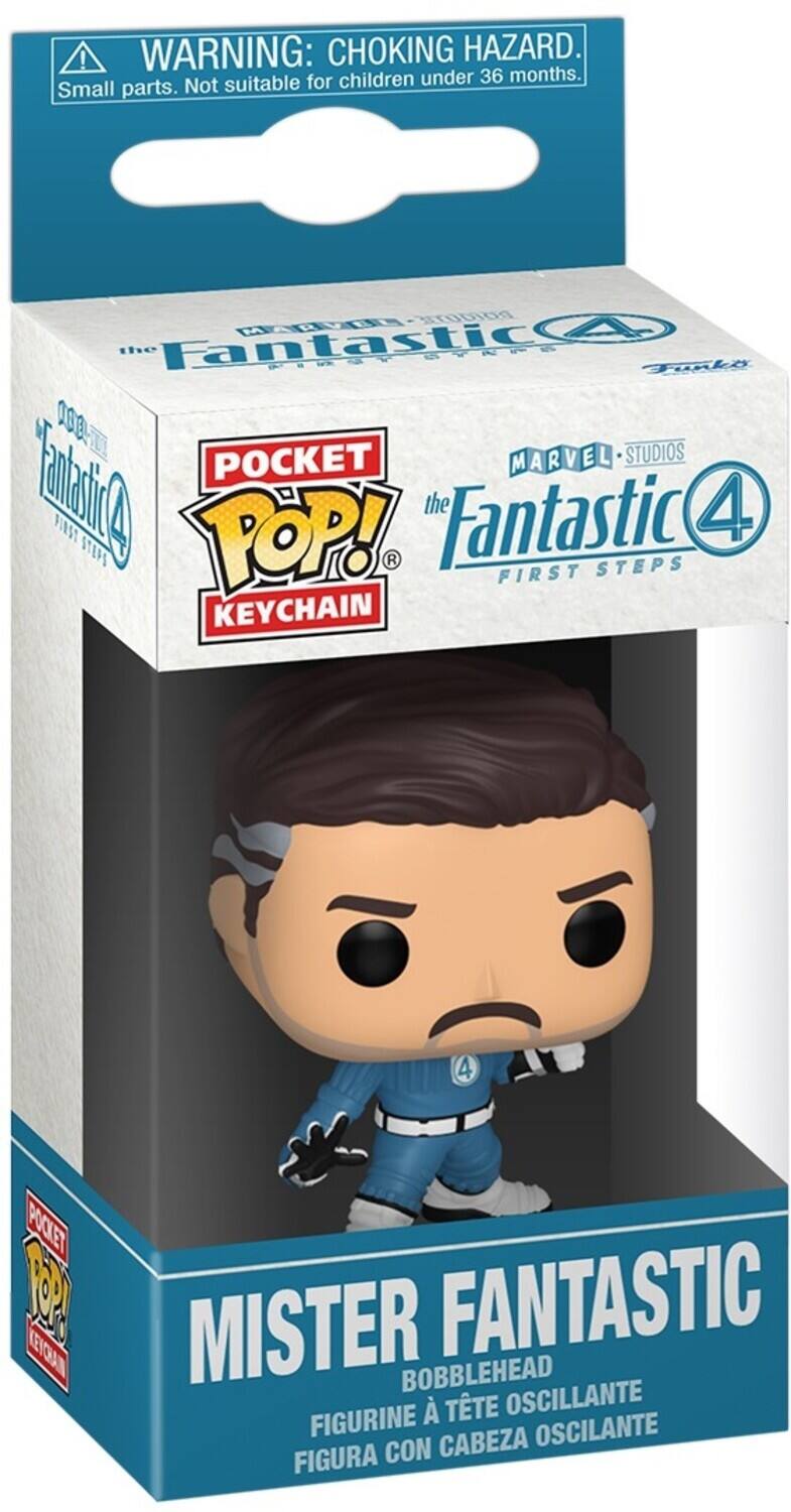 WARNING: CHOKING HAZARD. Small parts. Not suitable for children under 36 months. POCKET POP! the Fantastic 4 FIRST STEPS KEYCHAIN MARVEL STUDIOS MISTER FANTASTIC BOBBLEHEAD FIGURINE A TÊTE OSCILLANTE FIGURA CON CABEZA OSCILANTE