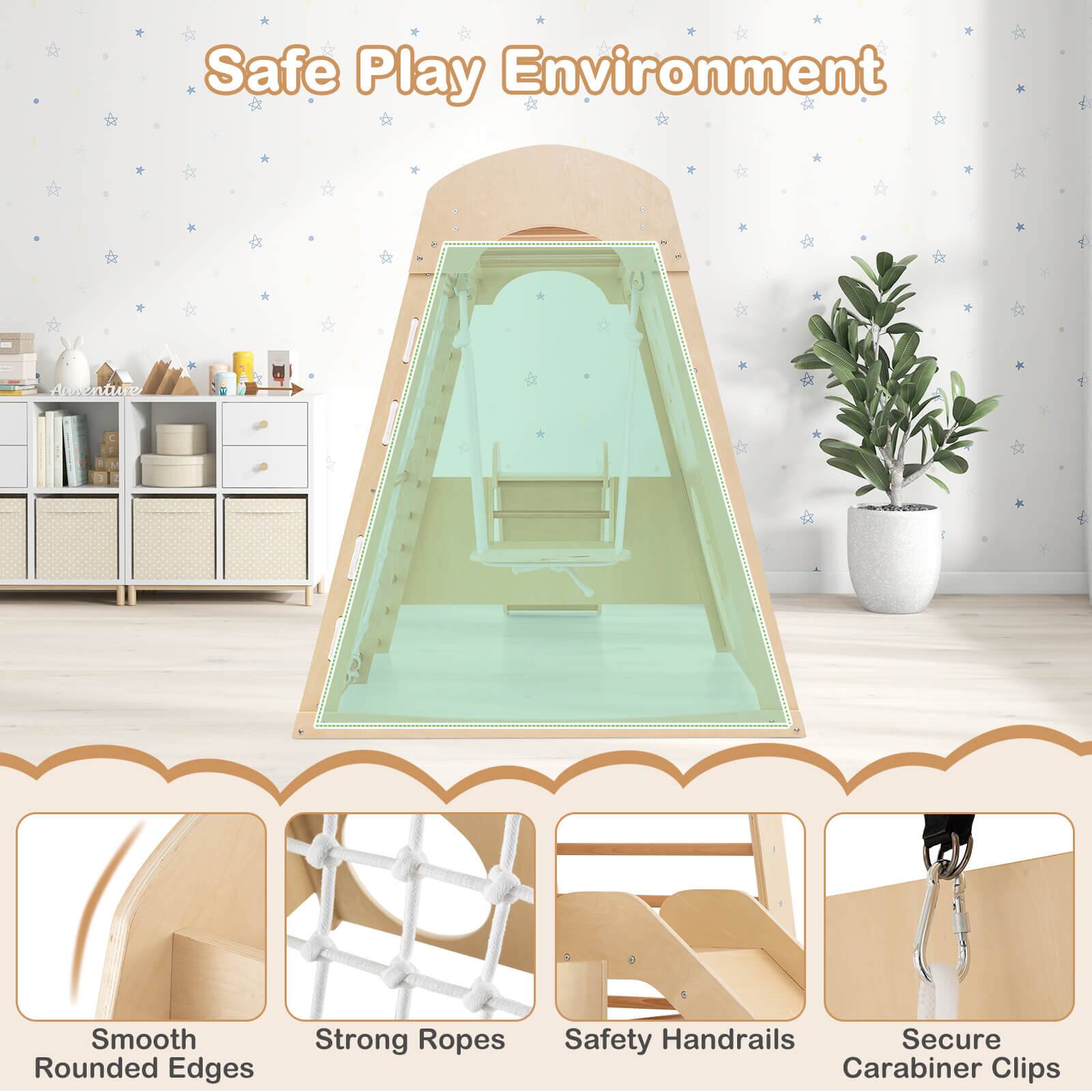 Safe Play Environment, Smooth Rounded Edges, Strong Ropes, Safety Handrails, Secure Carabiner Clips