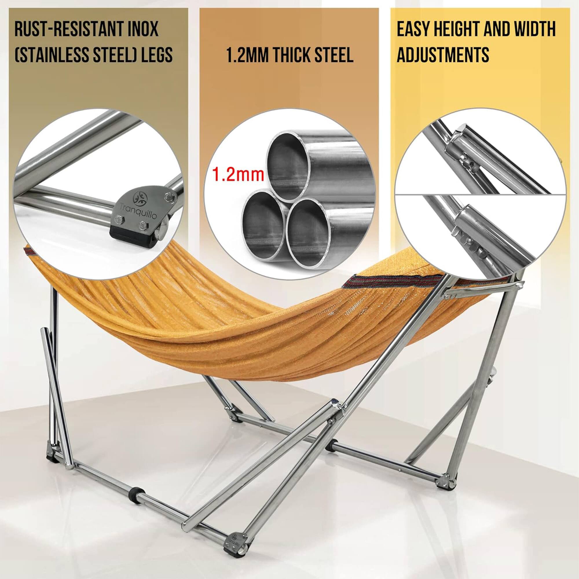 RUST-RESISTANT INOX (STAINLESS STEEL) LEGS

1.2MM THICK STEEL

EASY HEIGHT AND WIDTH ADJUSTMENTS

1.2mm