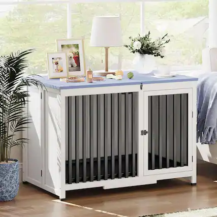 Front. Acekool - Dog Crate Furniture, 39.5in Portable Foldable Dog Kennel, Large/Medium Dog Crate End Table, Solid Wood Cage, Blue.