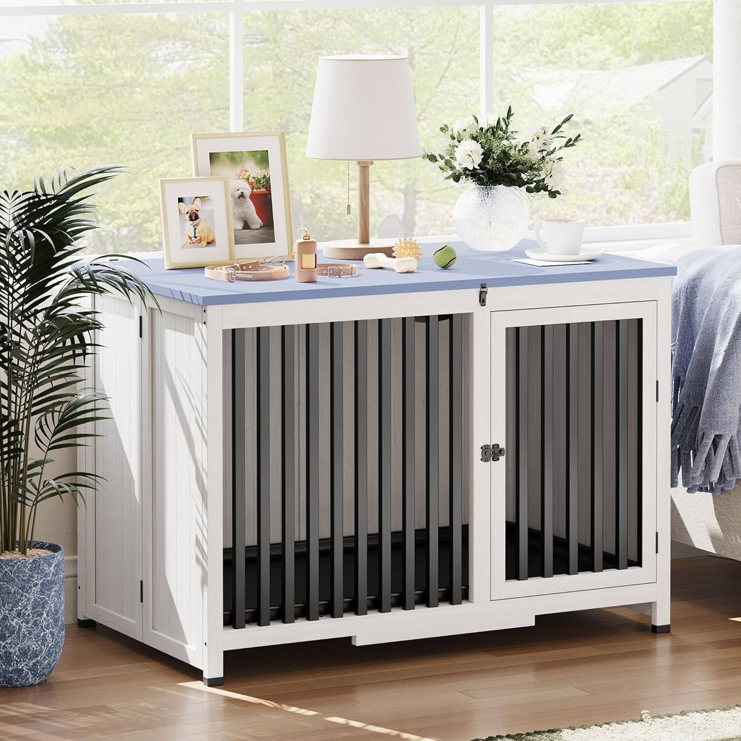 Acekool - Dog Crate Furniture, 39.5in Portable Foldable Dog Kennel, Large/Medium Dog Crate End Table, Solid Wood Cage, Blue