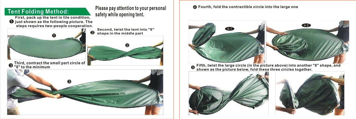 Please pay attention to your personal Tent Folding Method: safety while opening tent. First, pack up the tent in tile condition, just shown as the following picture. The steps requires two-people cooperation. Second, twist the tent into "8" shape in the middle part. Third, contract the small part circle of "8" to the minimum. Fourth, fold the contractible circle into the large one. Fifth, twist the large circle (in the picture above) into another "8" shape, and shown as the picture below, fold these three circles together.