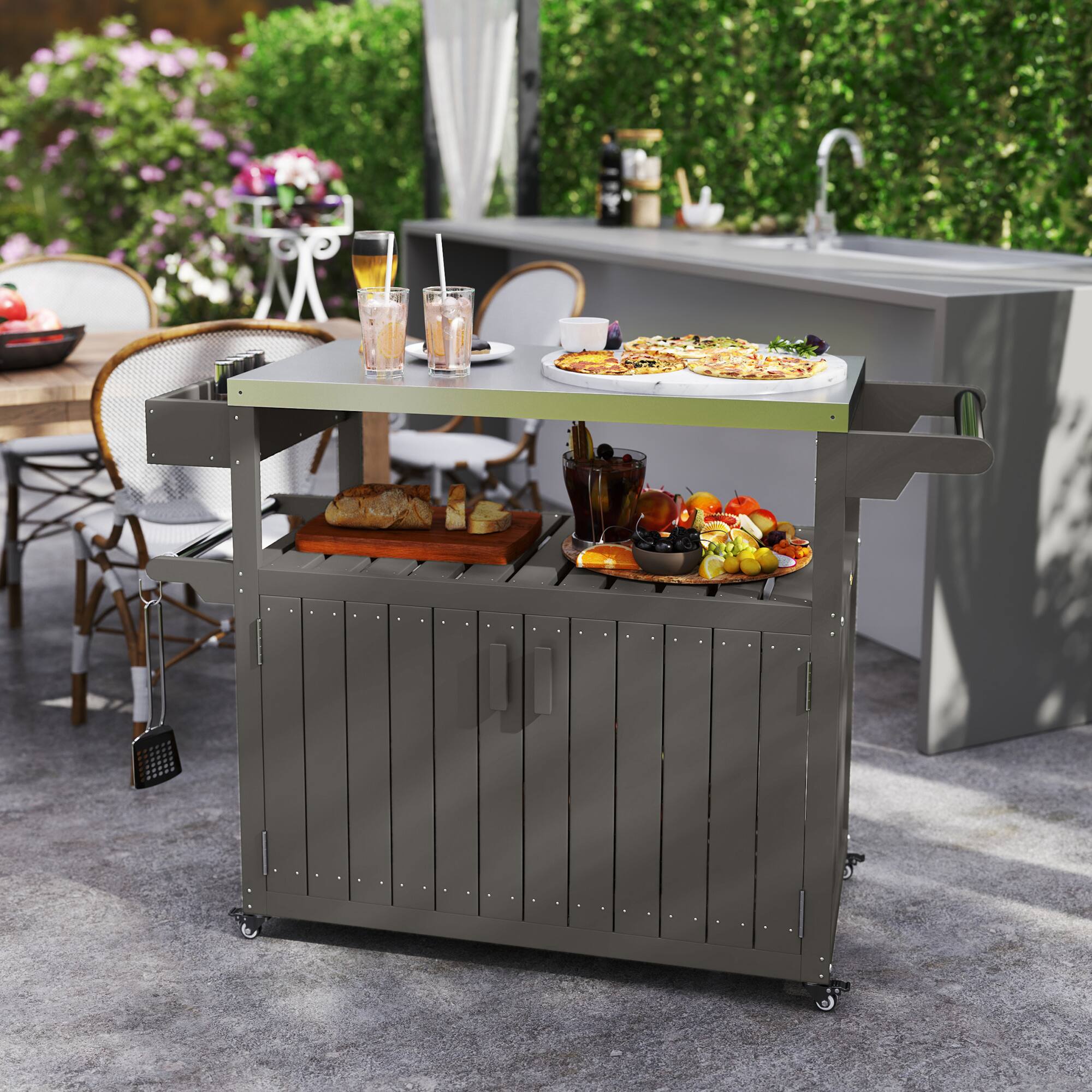 Alt View 1. Outsunny - Outdoor Bar Cart with Storage Cabinet, Stainless Steel Top Kitchen Island on Wheels, HDPE Outdoor Bar Table - Dark Gray.