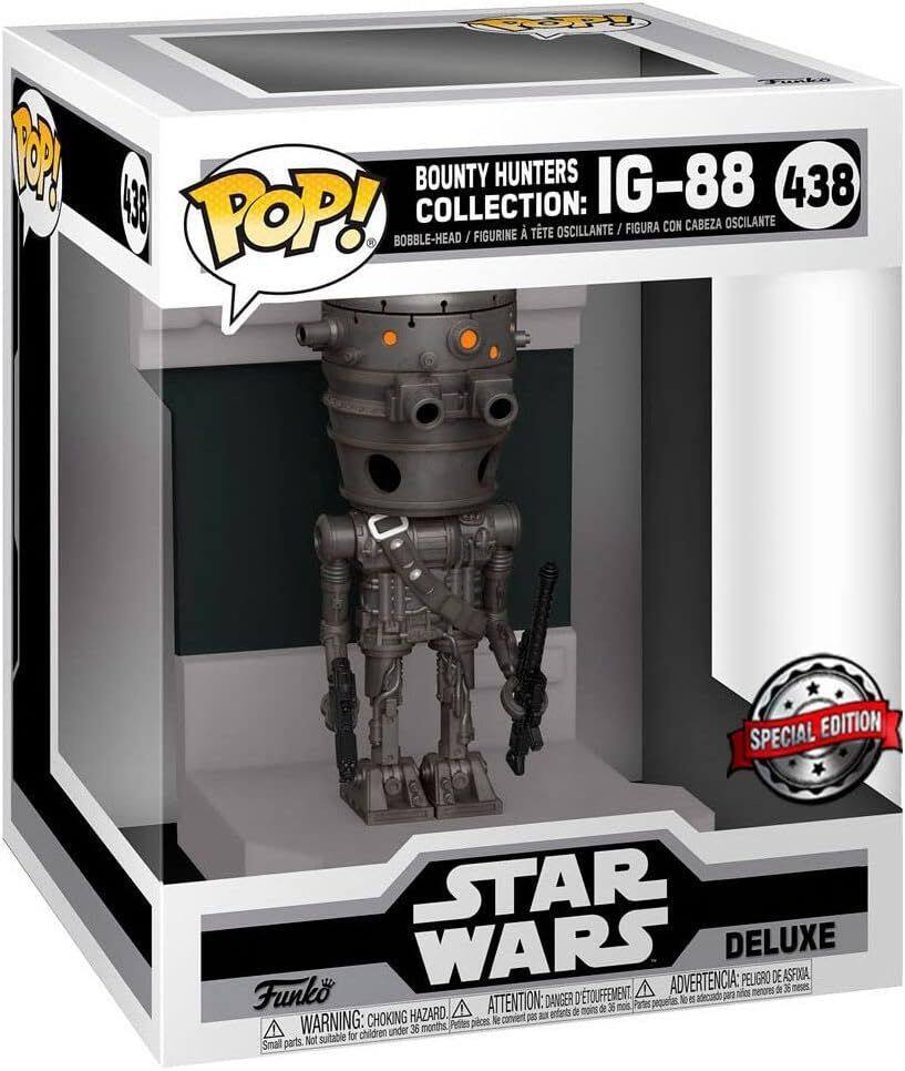 The text on the image is:

"POP! BOUNTY HUNTERS IG-88 COLLECTION: BOBBLE-HEAD / FIGURINE À TÊTE OSCILLANTE / FIGURA CON CABEZA OSCILANTE SPECIAL EDITION STAR WARS DELUXE ADVERTENCIA PELIGRO DE ASFIXIA metures e 36 neu Funko TOUFFEMENT adecaato p nfet ATTENTION: DANGER I Partes pequetias l I de menos de 36 mois CHOKING HAZARD. O a entants WARNING: Petites peces le convient children under 36 months. Not suitable for small parts."

Corrected and grouped text:

"POP! BOUNTY HUNTERS IG-88 COLLECTION: BOBBLE-HEAD / FIGURINE À TÊTE OSCILLANTE / FIGURA CON CABEZA OSCILANTE SPECIAL EDITION STAR WARS DELUXE. ADVERTENCIA: PELIGRO DE ASFIXIA. ATTENTION: DANGER. WARNING: CHOKING HAZARD. Small parts. Not suitable for children under 36 months."