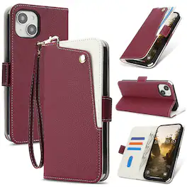 Dteck - for Apple iPhone 15 Slim Flip Wallet Case+Wrist Strap,PU Leather Card Slot Kickstand Magnetic Closure Shockproof Cover - Red