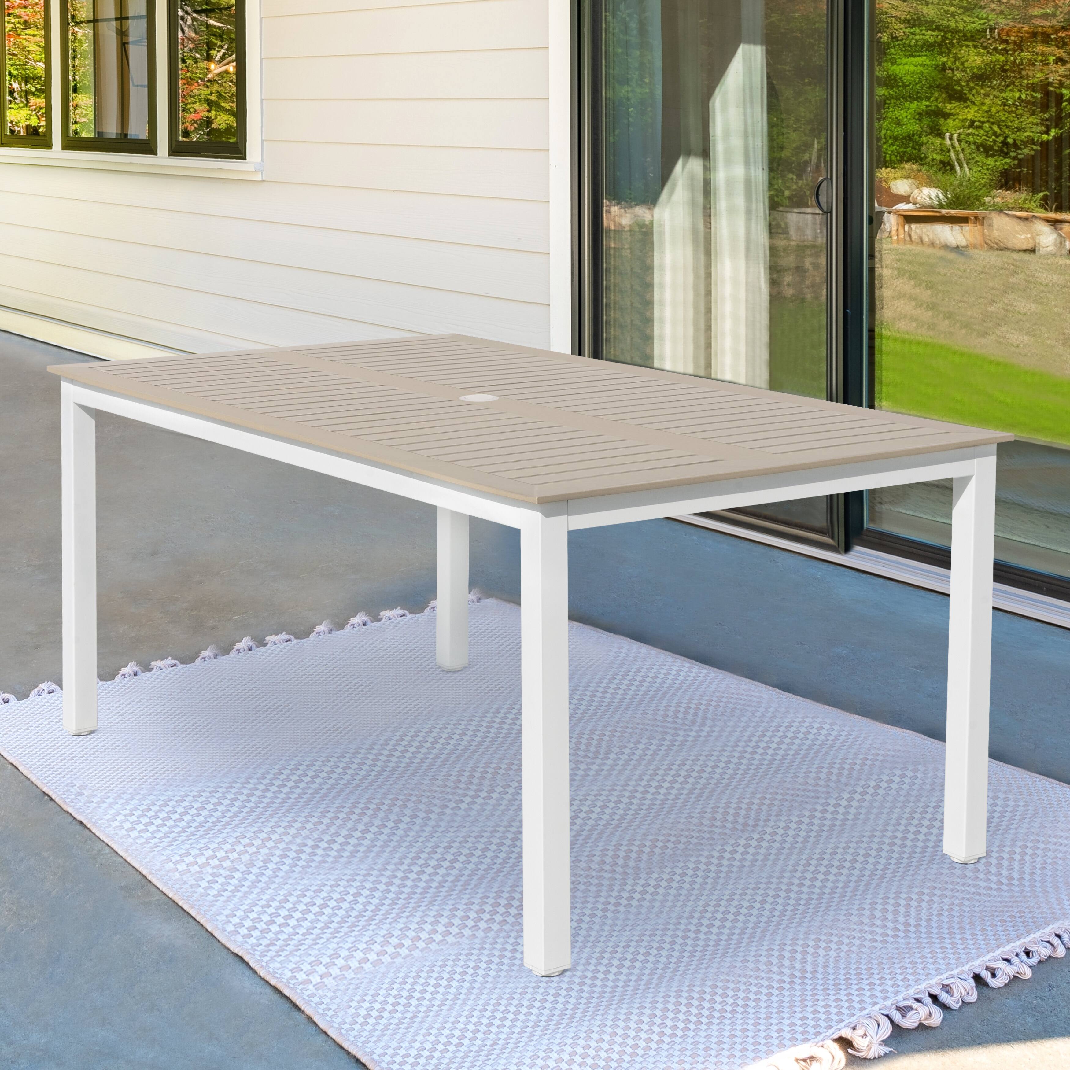 Angle. Nuu Garden - Rectangle Faux Outdoor Dining Table with 1.7'' Umbrella Hole and Wood Texture Tabletop - Light Brown.