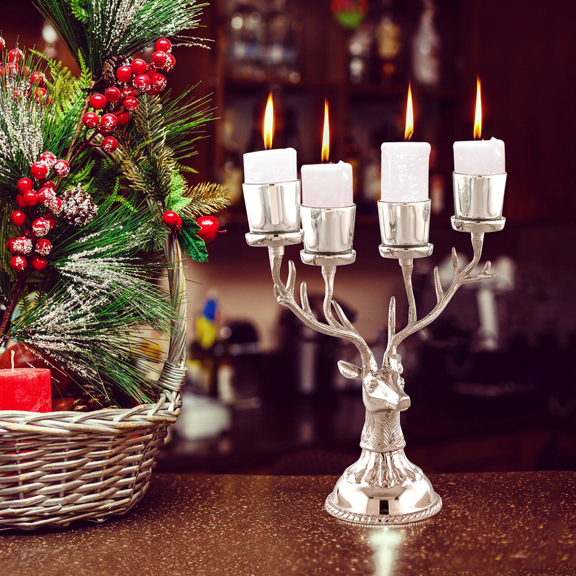 Alt View 1. Costway - Costway Reindeer Candle Holder for Tealight Aluminum Christmas Ornament for 4 Candles - Silver.