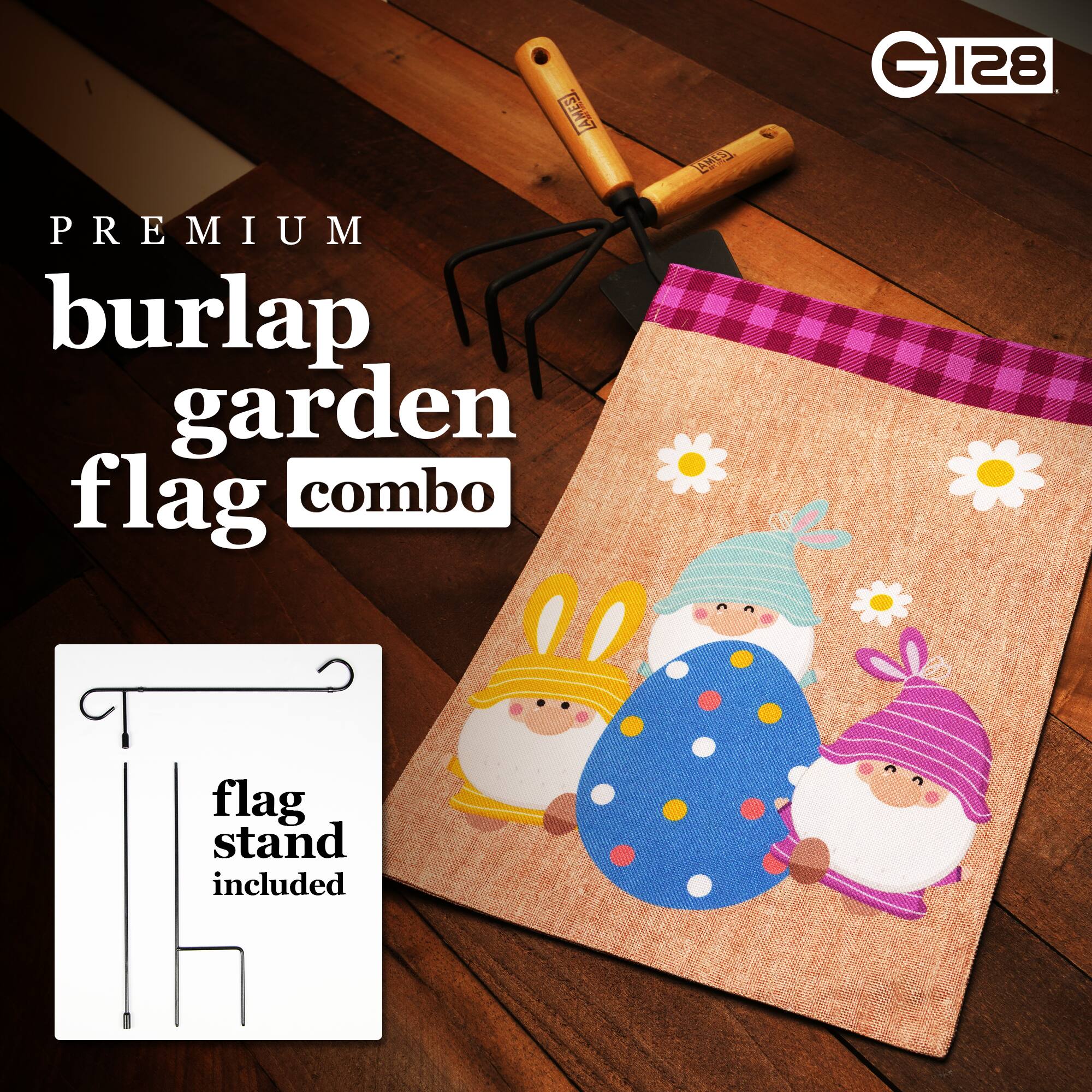 Premium burlap garden flag combo  
Flag stand included