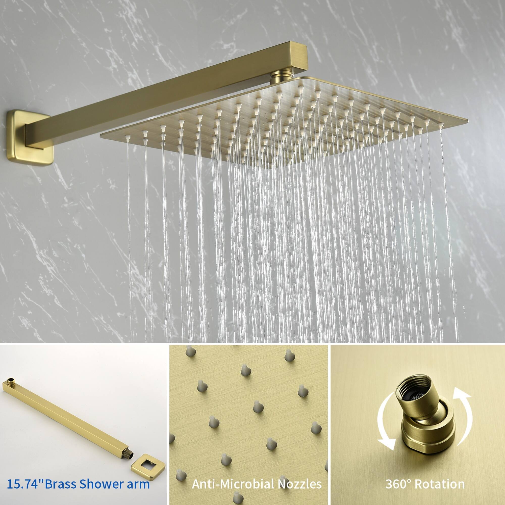 15.74" Brass Shower Arm  
Anti-Microbial Nozzles  
360° Rotation