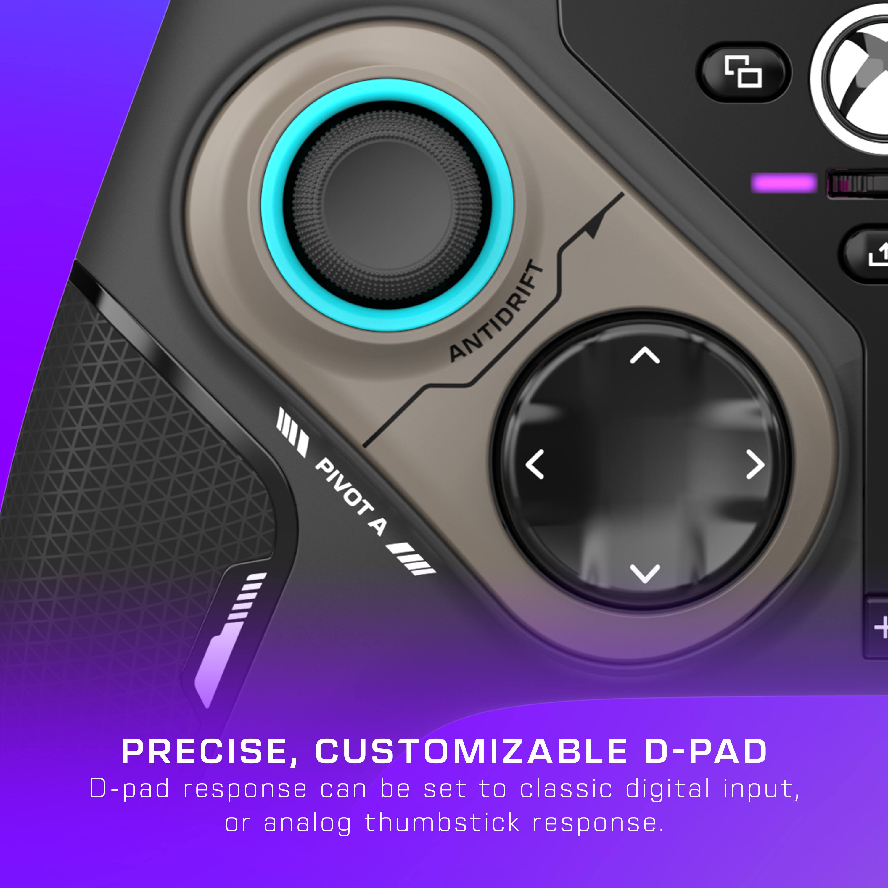 The image features a close-up view of a game controller with a D-pad. The text on the image reads "Pivot A Antidrift L1 + Precise, Customizable D-Pad." The D-pad response can be set to either a classic digital input or an analog thumbstick response.
