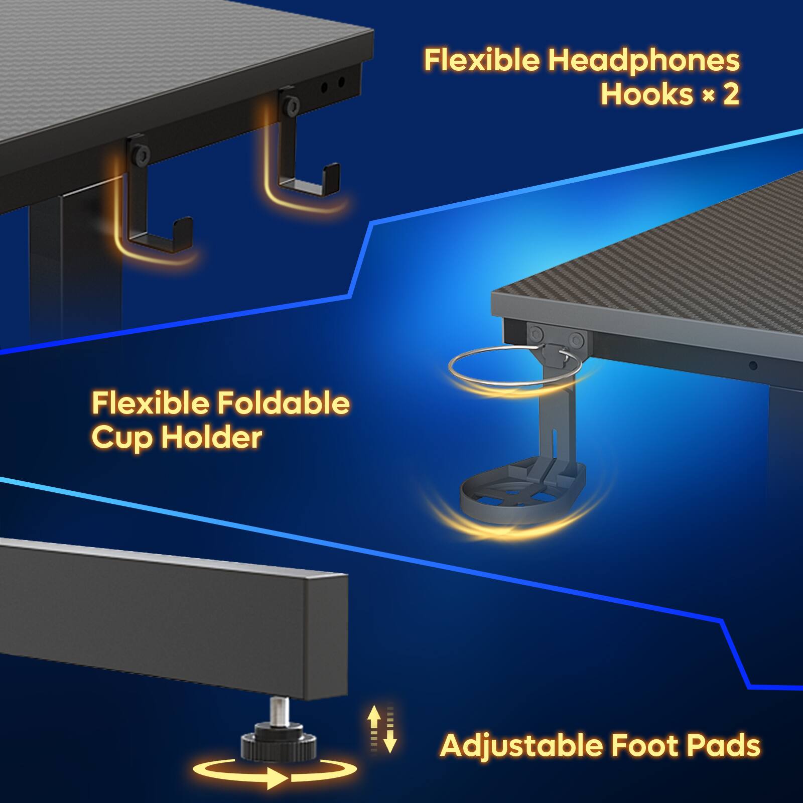 Flexible Headphones Hooks x 2, Flexible Foldable Cup Holder, Adjustable Foot Pads.