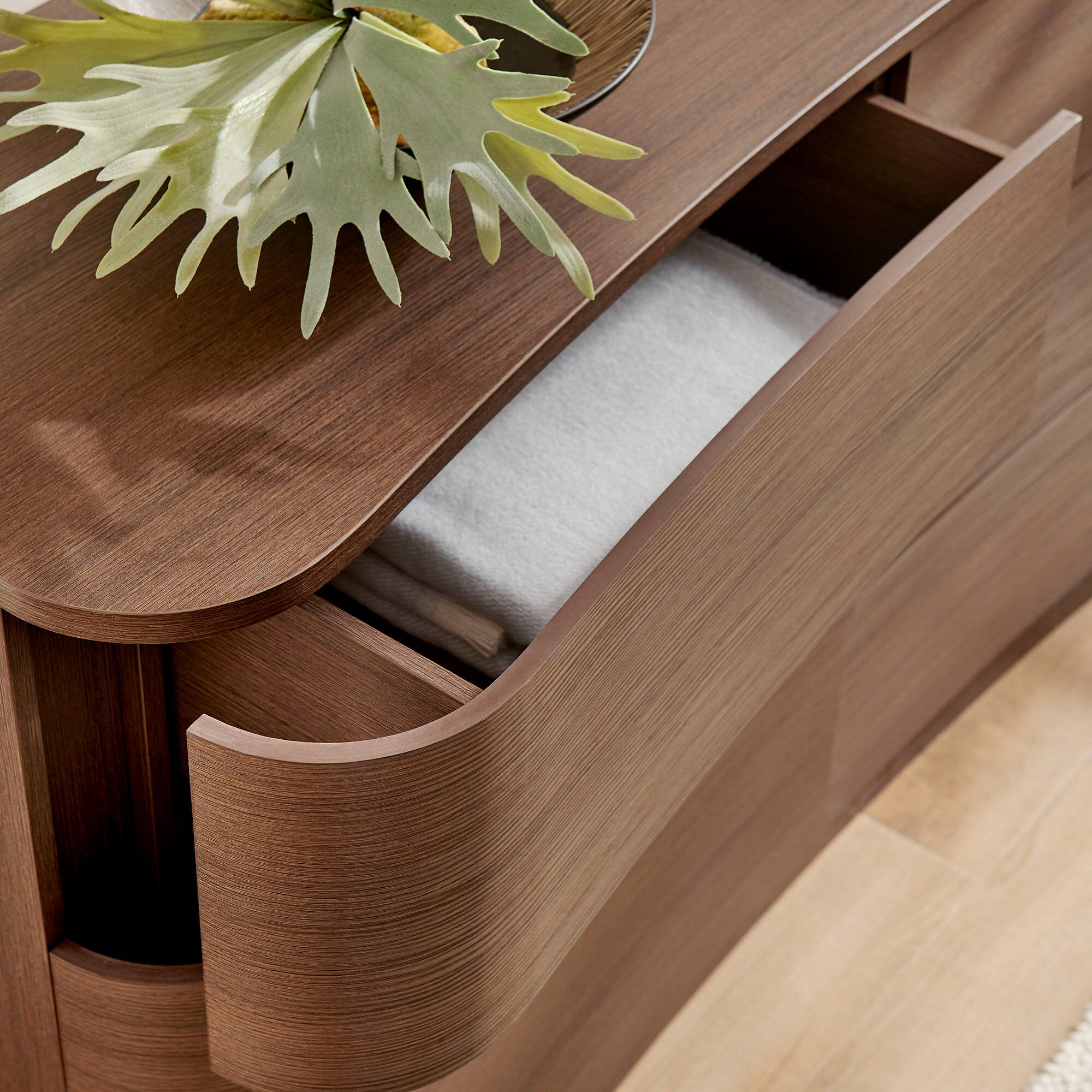 Alt View 1. Modway - Mirae 6-Drawer Curved Dresser by Modway - Brushed Brown Oak.