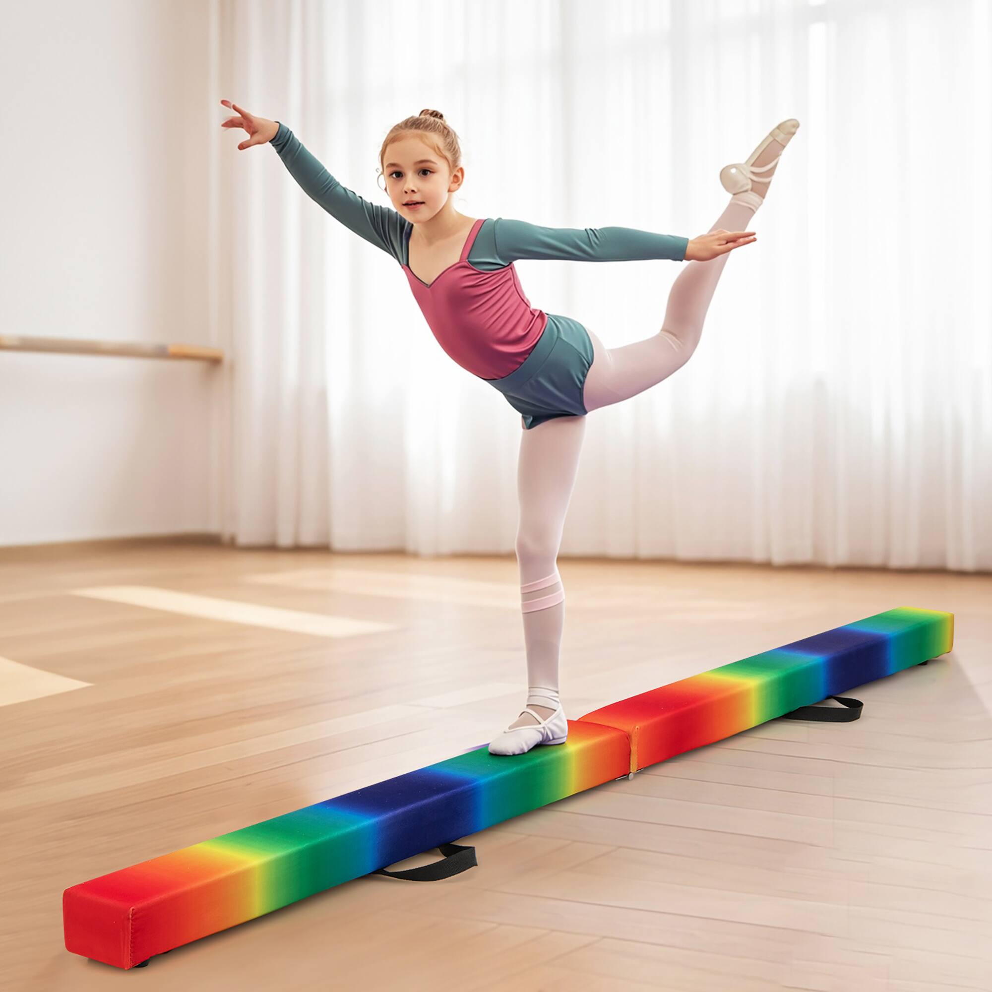Alt View 3. Gymax - Gymax 7FT Folding Gymnastic Beam Portable Floor Balance Beam w/Handles for Gymnasts - Rainbow.