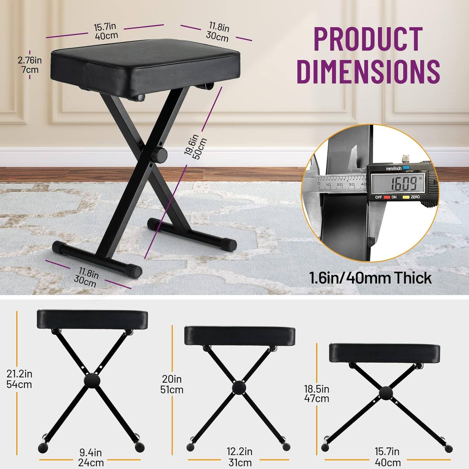I 2.76in 7cm 15.7in 40cm 11.8in 30cm PRODUCT DIMENSIONS 6in 19 50cm mm/inch 1.6in/40mm Thick 21.2in 54cm 20in 51cm 18.5in 47cm 9.4in 24cm 12.2in 31cm 15.7in 40cm