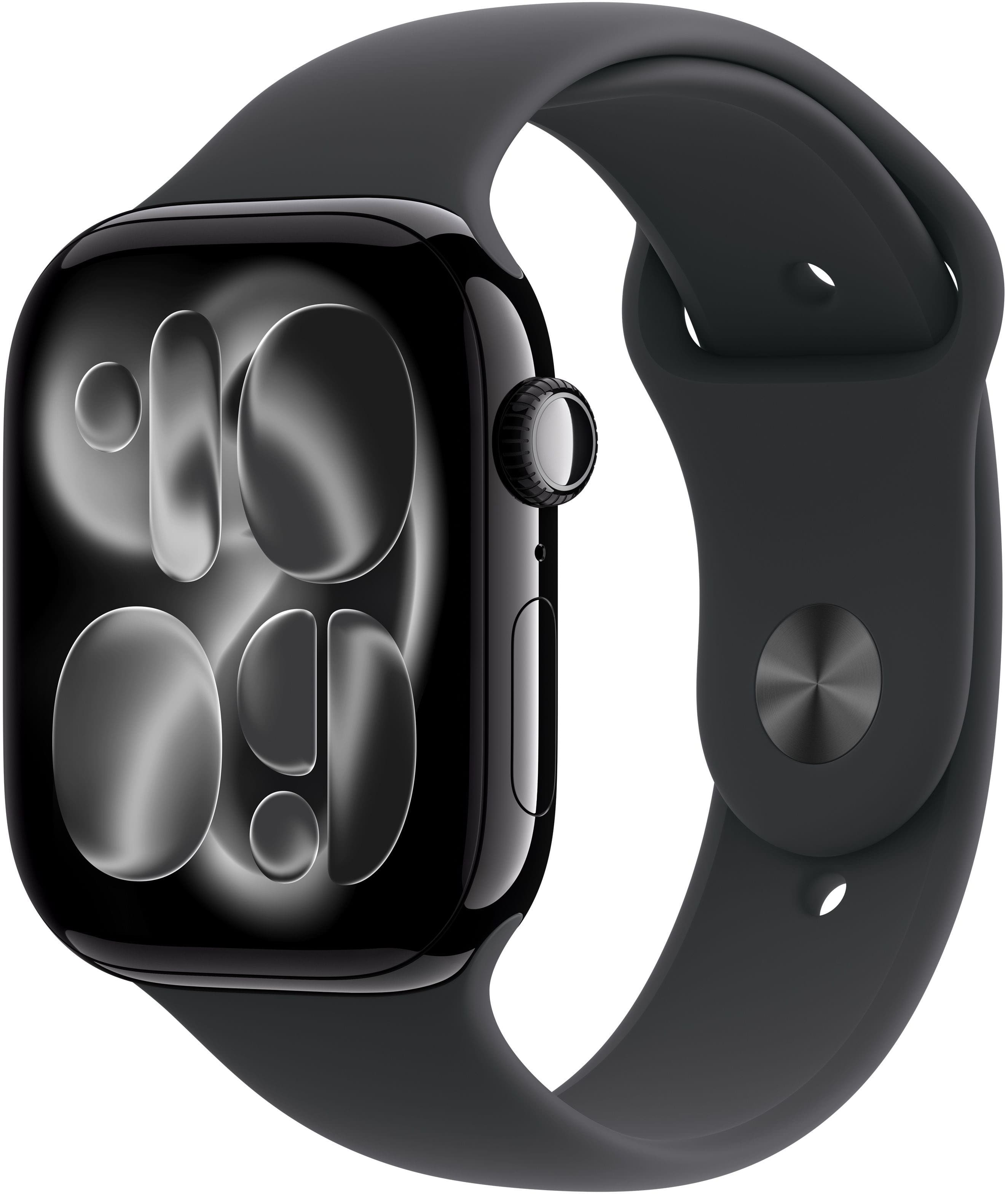 Front. Apple - Apple Watch Series 11 (GPS) 46mm Jet Black Aluminum Case with Black Sport Band - M/L - Jet Black.