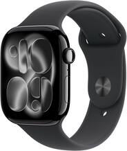 Front. Apple - Apple Watch Series 11 (GPS) 46mm Jet Black Aluminum Case with Black Sport Band - M/L - Jet Black.