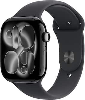 Front. Apple - Apple Watch Series 11 (GPS) 46mm Jet Black Aluminum Case with Black Sport Band - M/L - Jet Black.