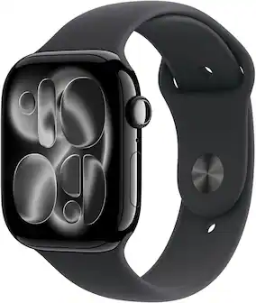 Front. Apple - Apple Watch Series 11 (GPS) 46mm Jet Black Aluminum Case with Black Sport Band - M/L - Jet Black.