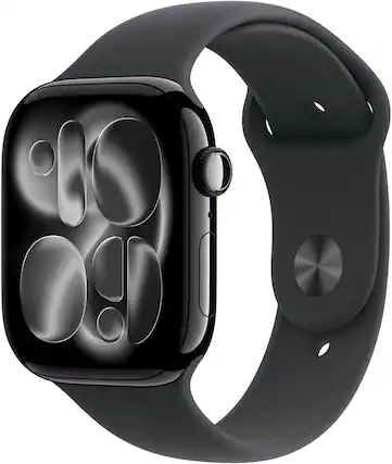 Front. Apple - Apple Watch Series 11 (GPS) 46mm Jet Black Aluminum Case with Black Sport Band - M/L - Jet Black.