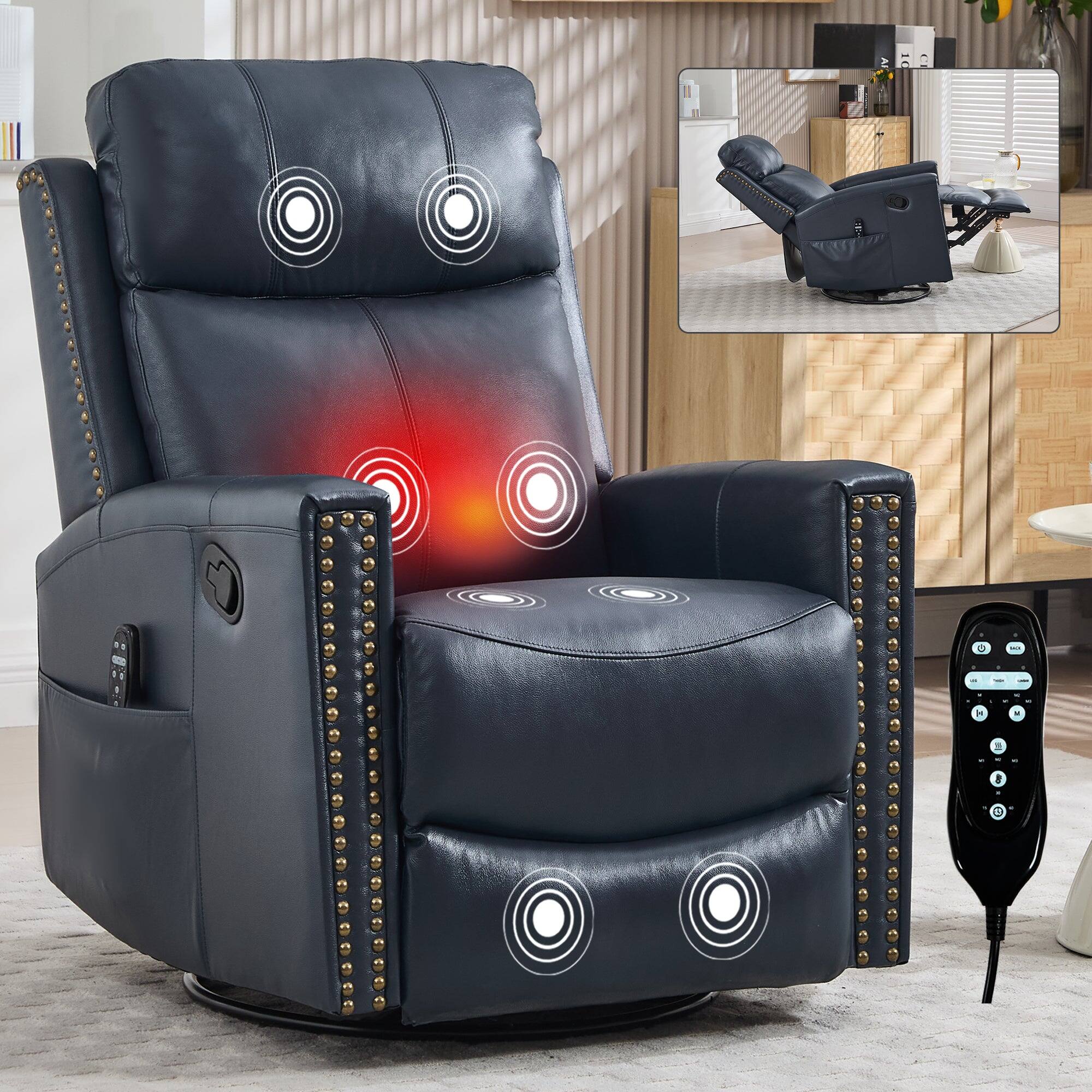 Alt View 1. Boyel Living - Blue Genuine Leather Manual Recliner, Heat & Massage, Rocker & Swivel, Living Room Chair - Blue.
