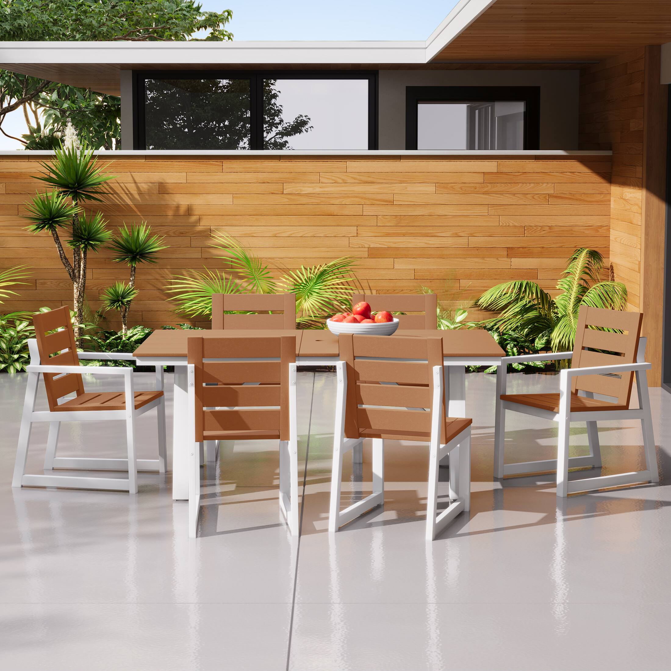 Angle. WestinTrends - WestinTrends Cape May 7-Piece HDPE Outdoor Furniture Patio Dining Table With Umbrella Hole and Chairs Set For 6 - Teak.