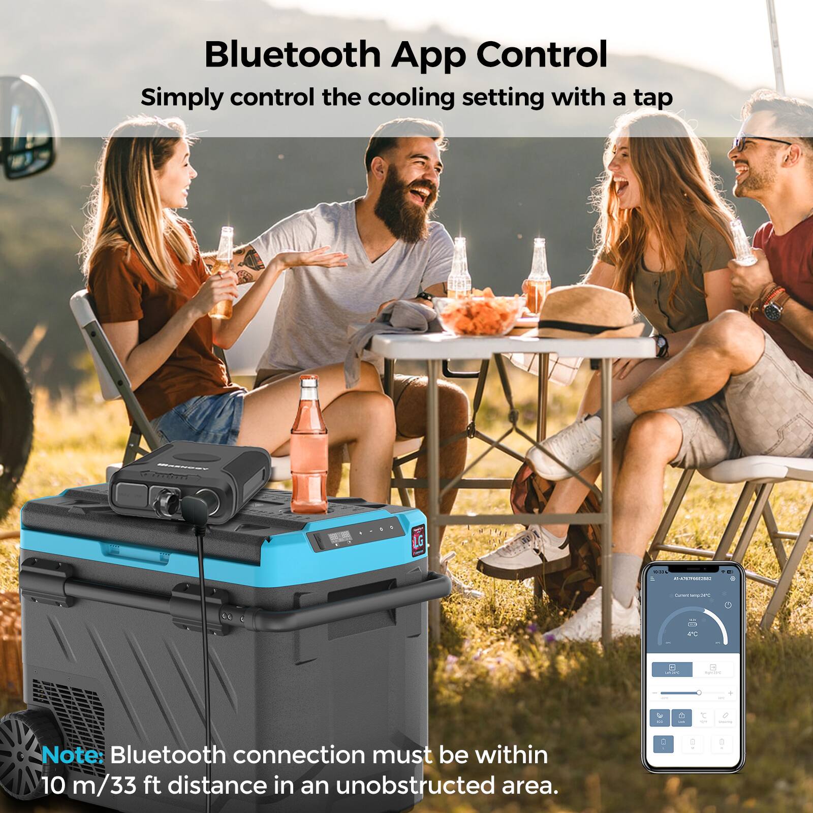 Bluetooth App Control: Simply control the cooling setting with a tap. Note: Bluetooth connection must be within 10 m/33 ft distance in an unobstructed area.