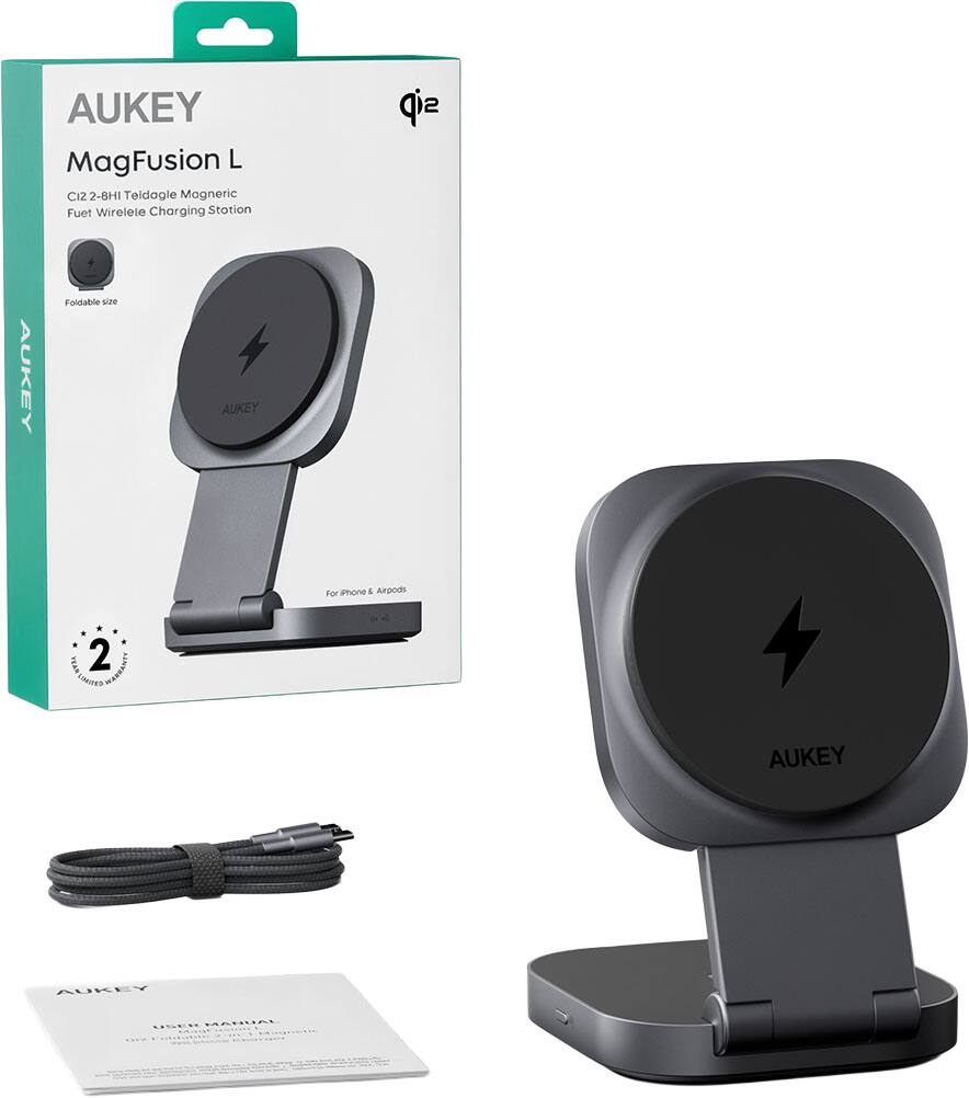 AUKEY  
MagFusion L  
C12-2-BHI Teldagle Magnetic  
Fuet Wireless Charging Station  

Foldable size  

For iPhone & Airpods  

AUKEY  

USER MANUAL  

AUKEY