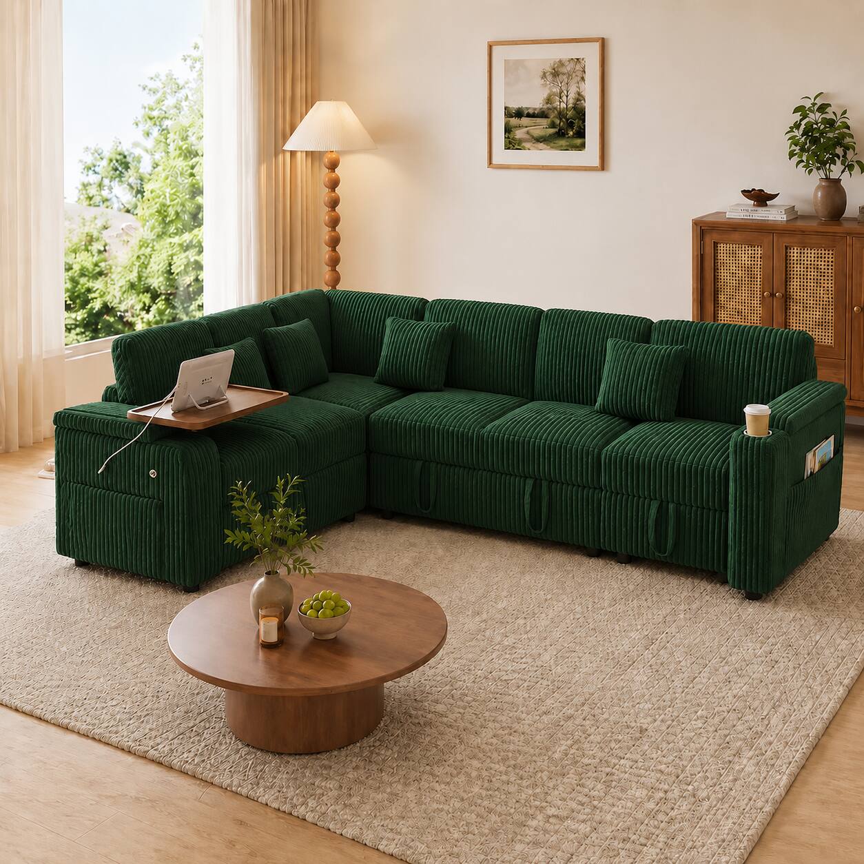 Left. Anysun - 100" Pull-Out Sofa Bed with USB Ports, Storage Areas, Table Board & Cup Holder, Extra-Large U-Shaped Combination - Green.